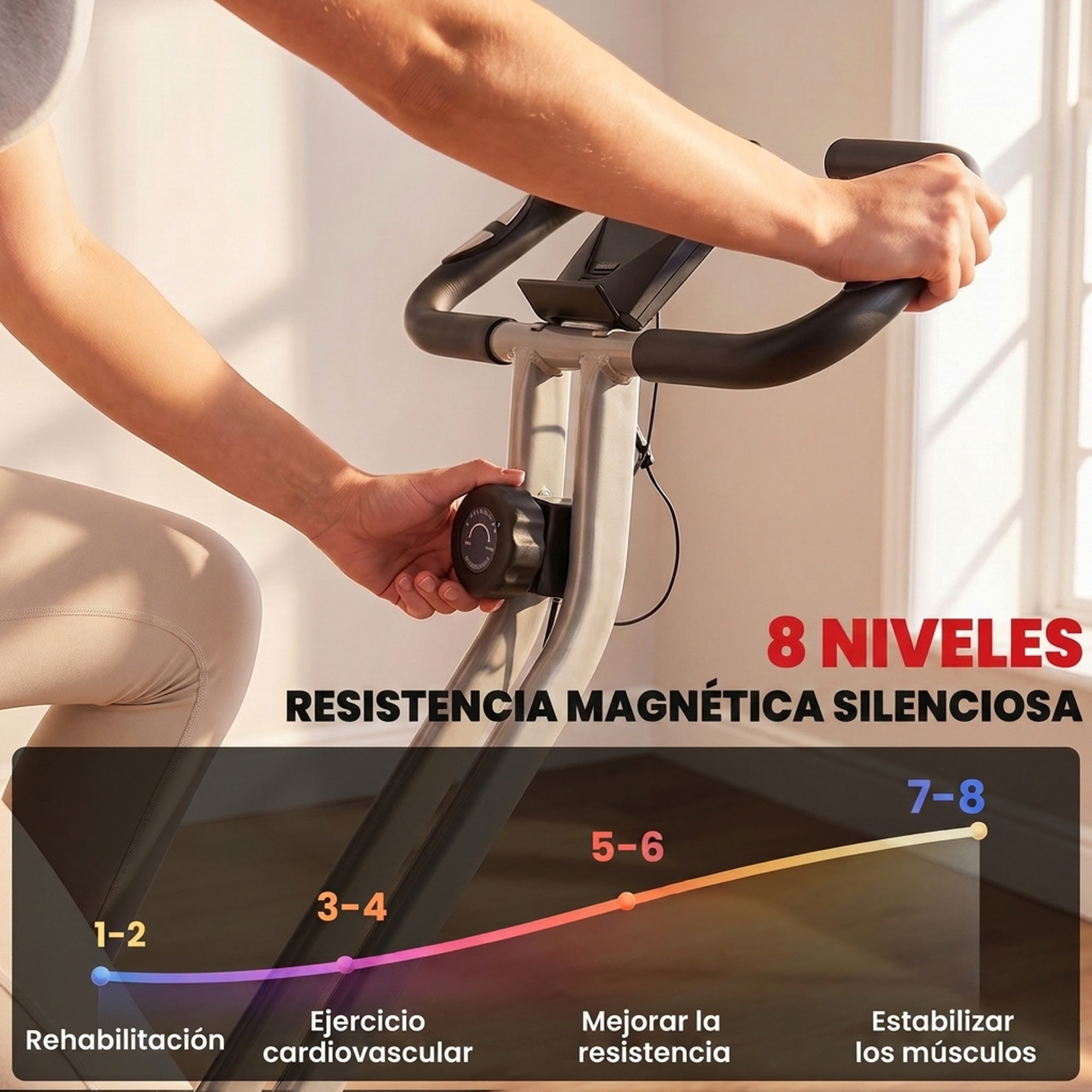 SPORTNOW Bicicleta Estática Plegable, Bicicleta Estática Casa Silenciosa con 8 Niveles Resistencia Magnética, Monitor LCD, Asiento Ajustable, Volante, Sensor Ritmo, Soporte Teléfono y Ruedas, Gris