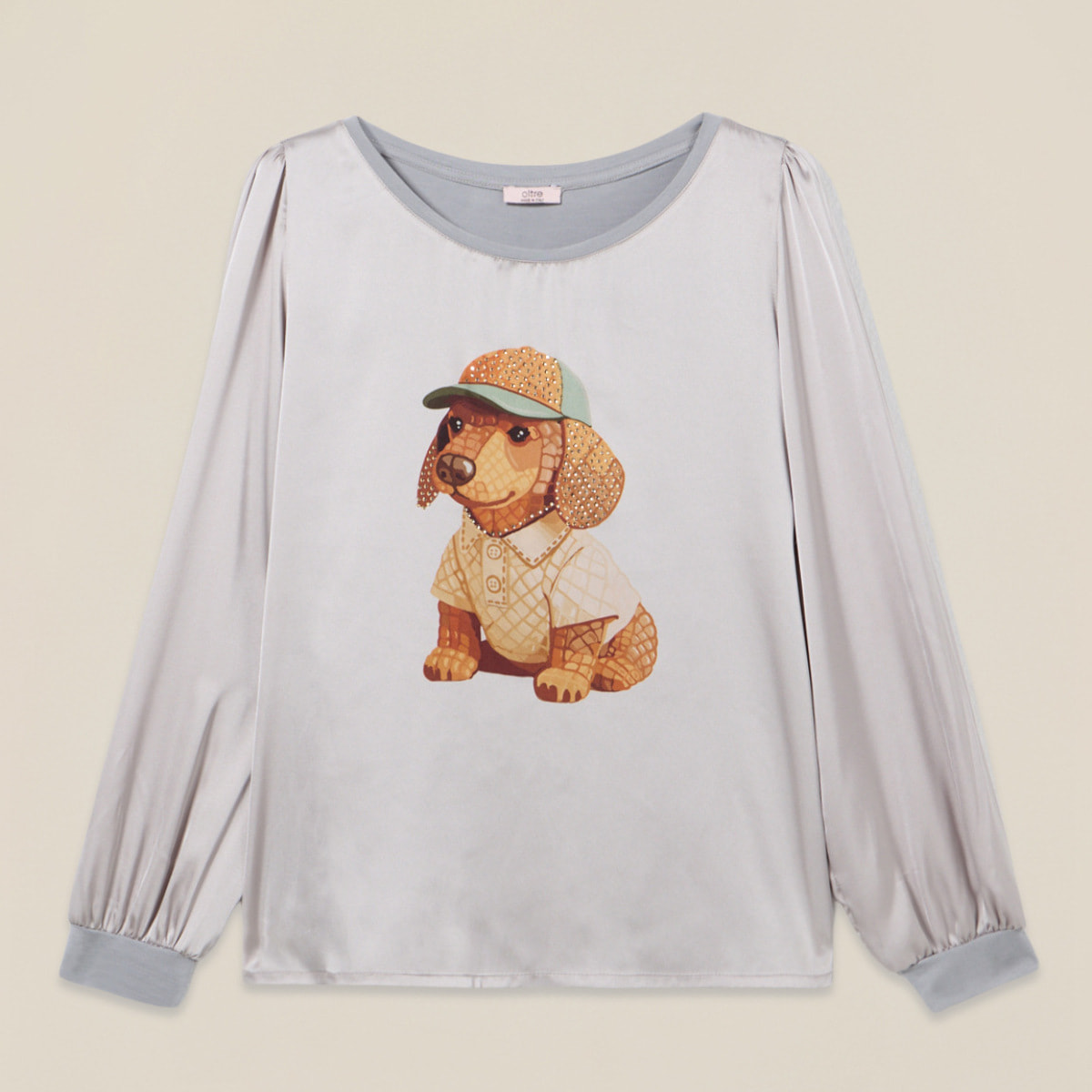 Oltre - Camiseta bimaterial con estampado y aplicaciones - Gris