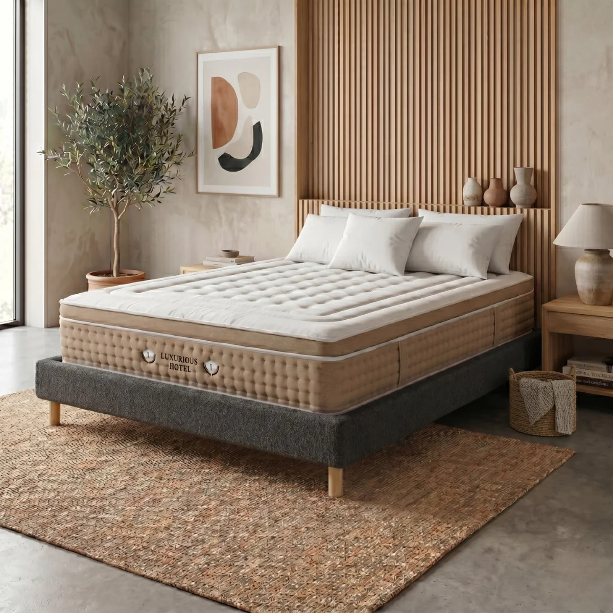 Ensemble matelas Bali & sommier Cancun | Mémoire de forme et ressorts ensachés | Cadre à lattes | Bouclette | Gris clair