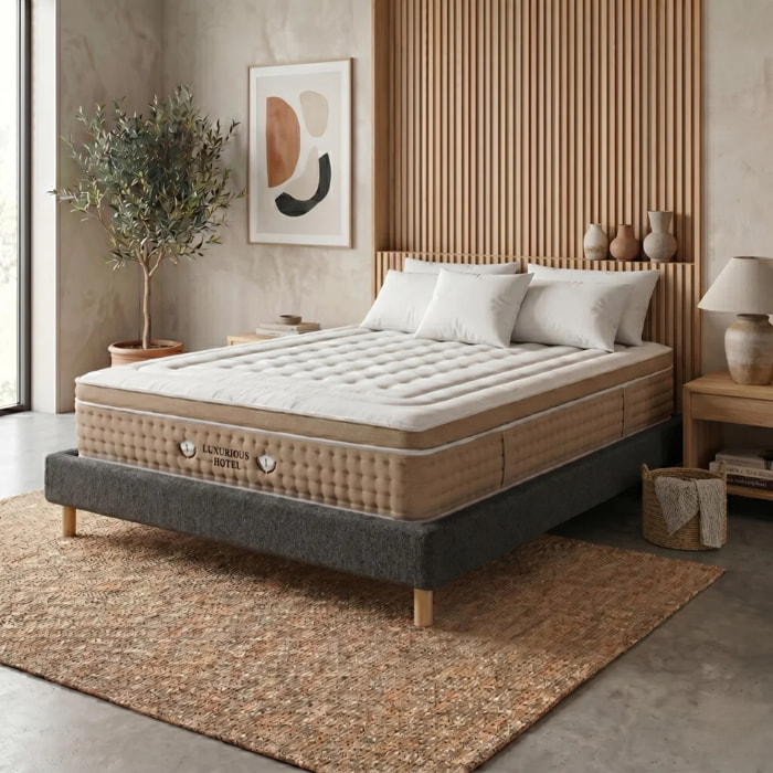Ensemble matelas Bali & sommier Cancun | Mémoire de forme et ressorts ensachés | Cadre à lattes | Bouclette | Gris clair
