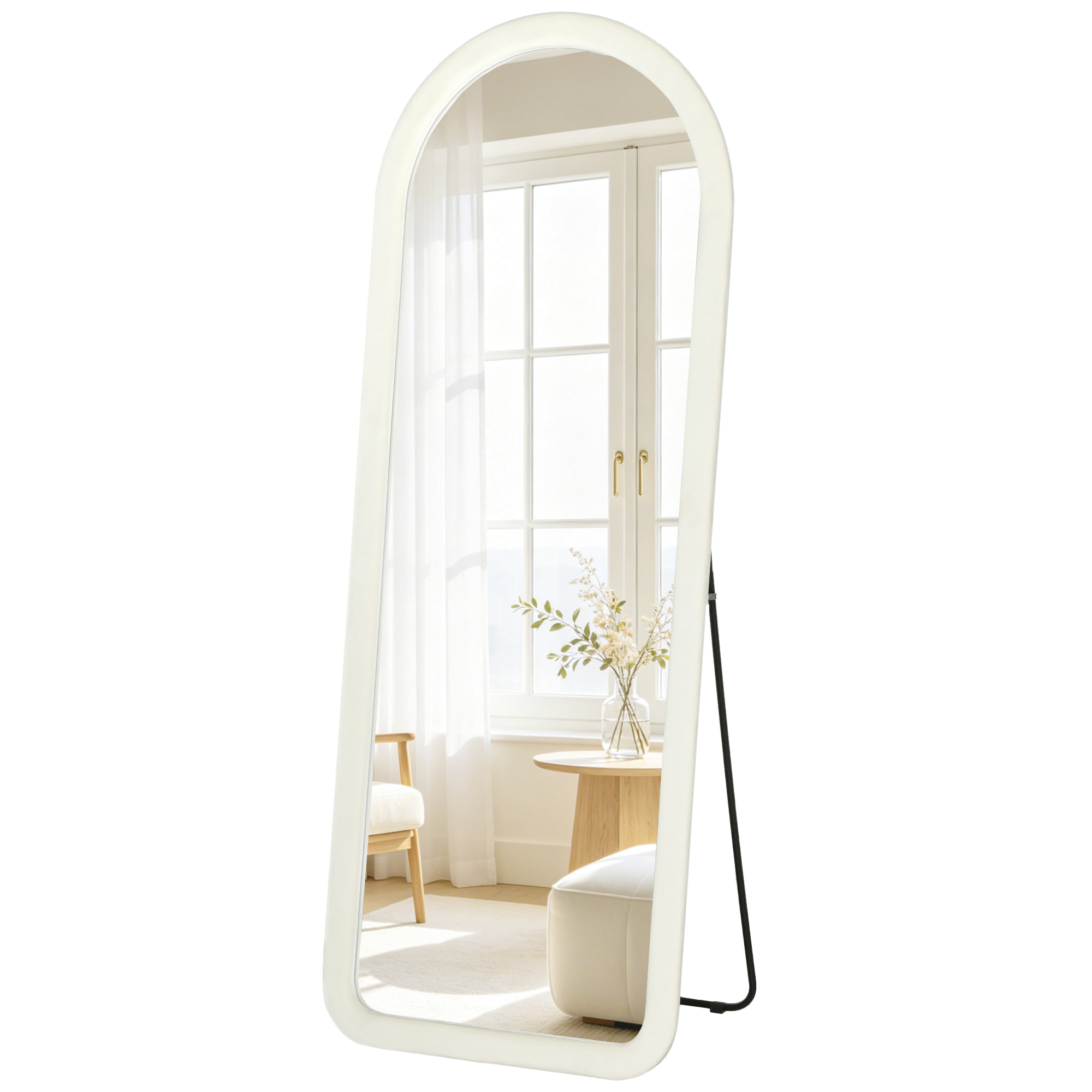 Miroir sur pied pleine longueur design velours blanc crème