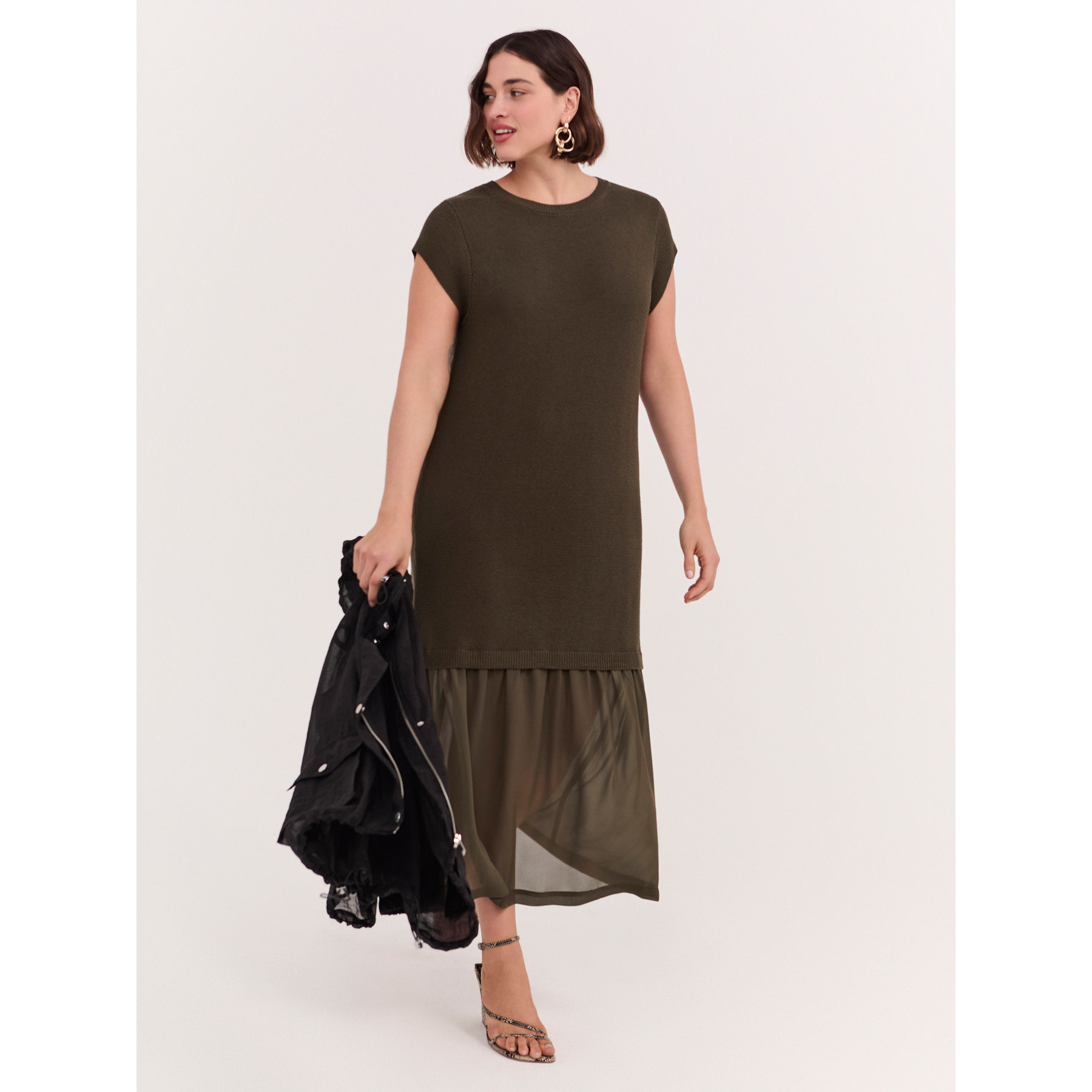 Fiorella Rubino - Vestido largo de punto con volante - Verde militare