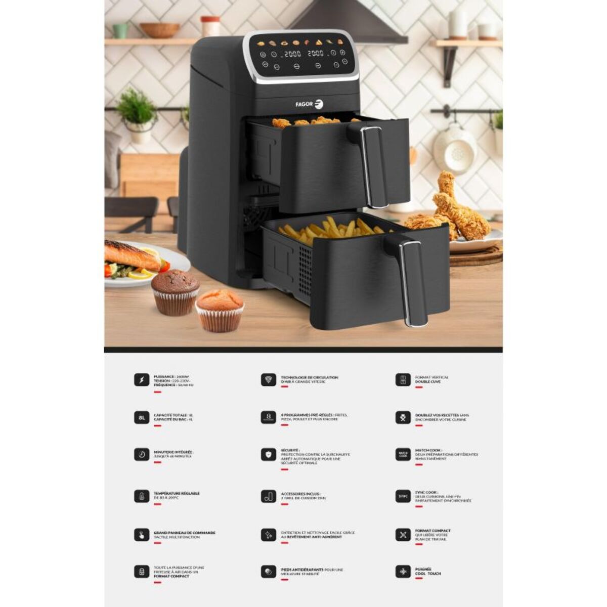 Friteuse à air chaud Air fryer double panier 8L 2600W Noir Fagor FG7503