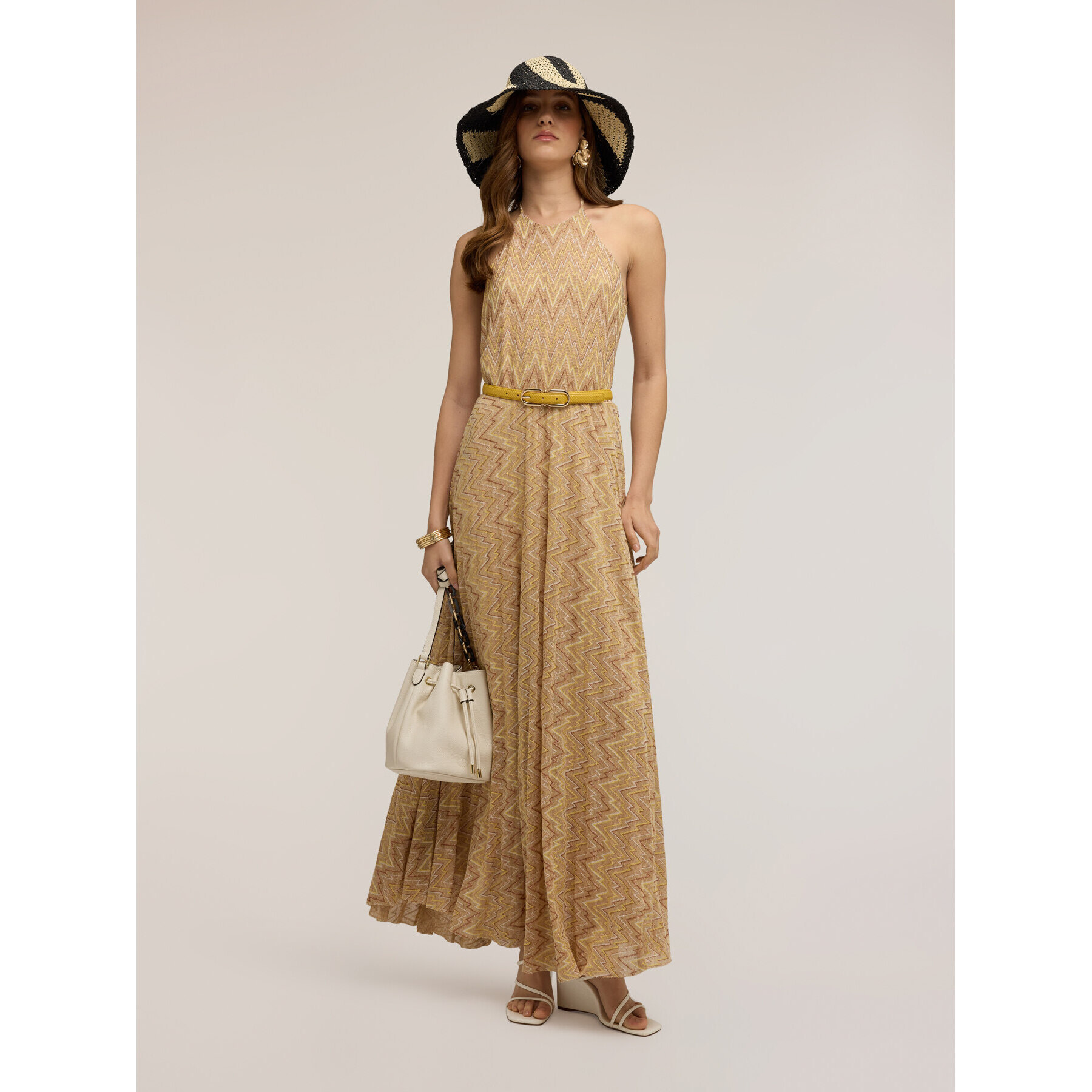 Motivi - Vestido flare largo mezcla lurex - Beige