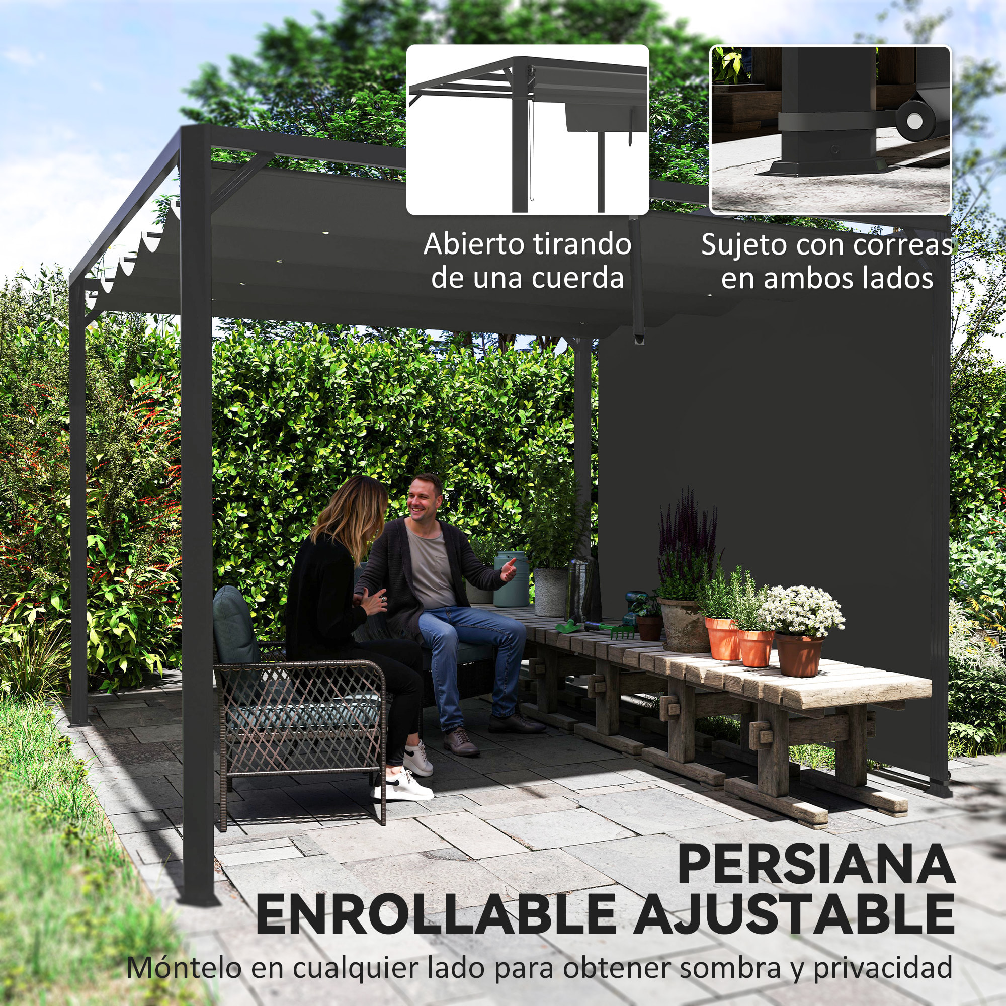 Pérgola de Jardín 3x3 m con Techo Retráctil y Pared Lateral Enrollable, Cenador de Jardín con Estructura de Aluminio, UPF30+, Pabellón para Exterior, Patio, Terraza, Gris Oscuro