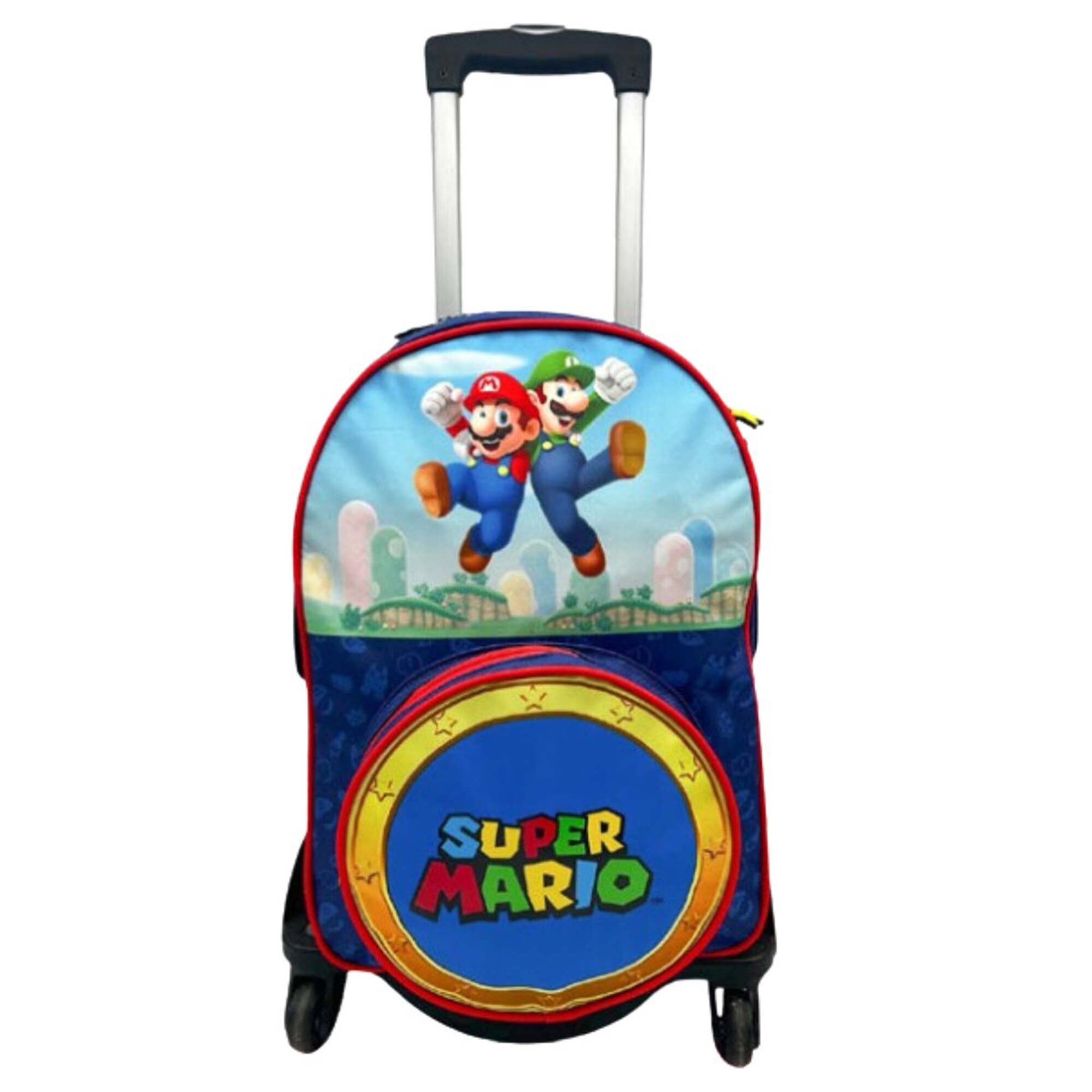 Super Mario Mochila Primaria Doble Compartimento Adaptable + Carro negro.