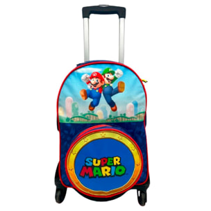 Super Mario Mochila Primaria Doble Compartimento Adaptable + Carro negro.