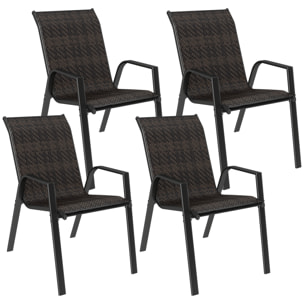Lot de 4 chaises de jardin empilables - accoudoirs - design - acier époxy noir résine tressée marron