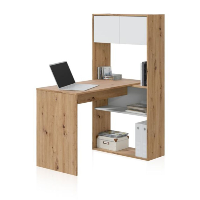Mesa de escritorio con estantería Dess Blanco Artik (Blanco Mate) - Roble Nodi