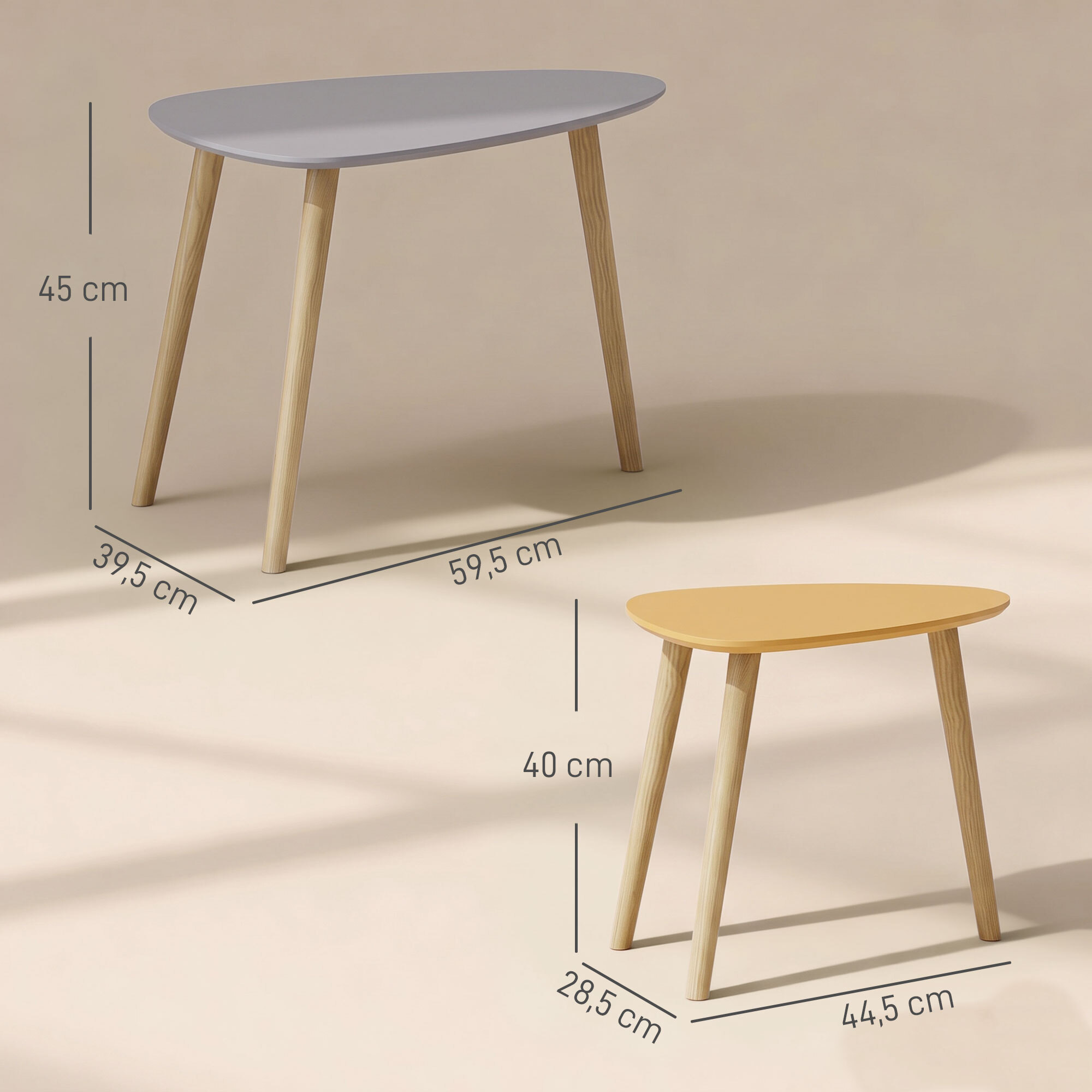Lot de 2 tables basses gigognes design scandinave forme triangle de reuleaux bois MDF jaune orangé gris