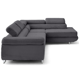 Zaria - canapé d'angle droit 5 places convertible avec coffre et têtières en velours côtelé grosses côtes - Gris