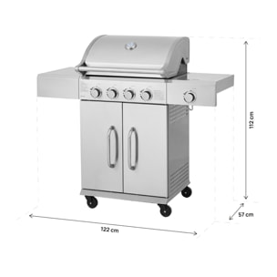 Barbecue gaz en inox avec 5 brûleurs dont 1 latéral "Brazzo" - 118 x 57 x 104 cm - Gris clair
