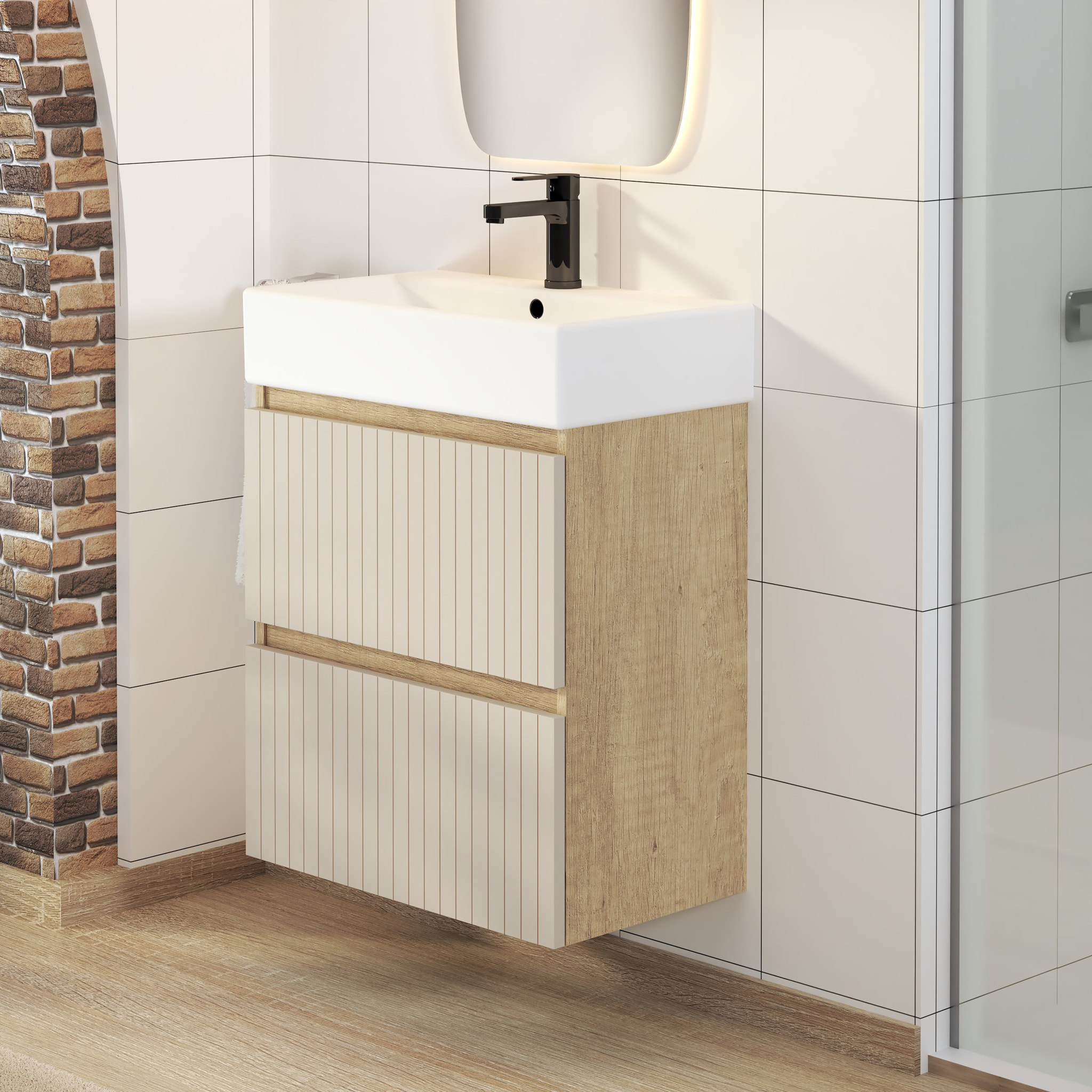 CONJUNTO DE BAÑO ZEL | MUEBLE SUSPENDIDO | 60 CM GLACIAR | DOS CAJONES | LAVABO ENCASTRADO | NO INCLUYE ESPEJO | MUEBLE MONTADO| ALDAY