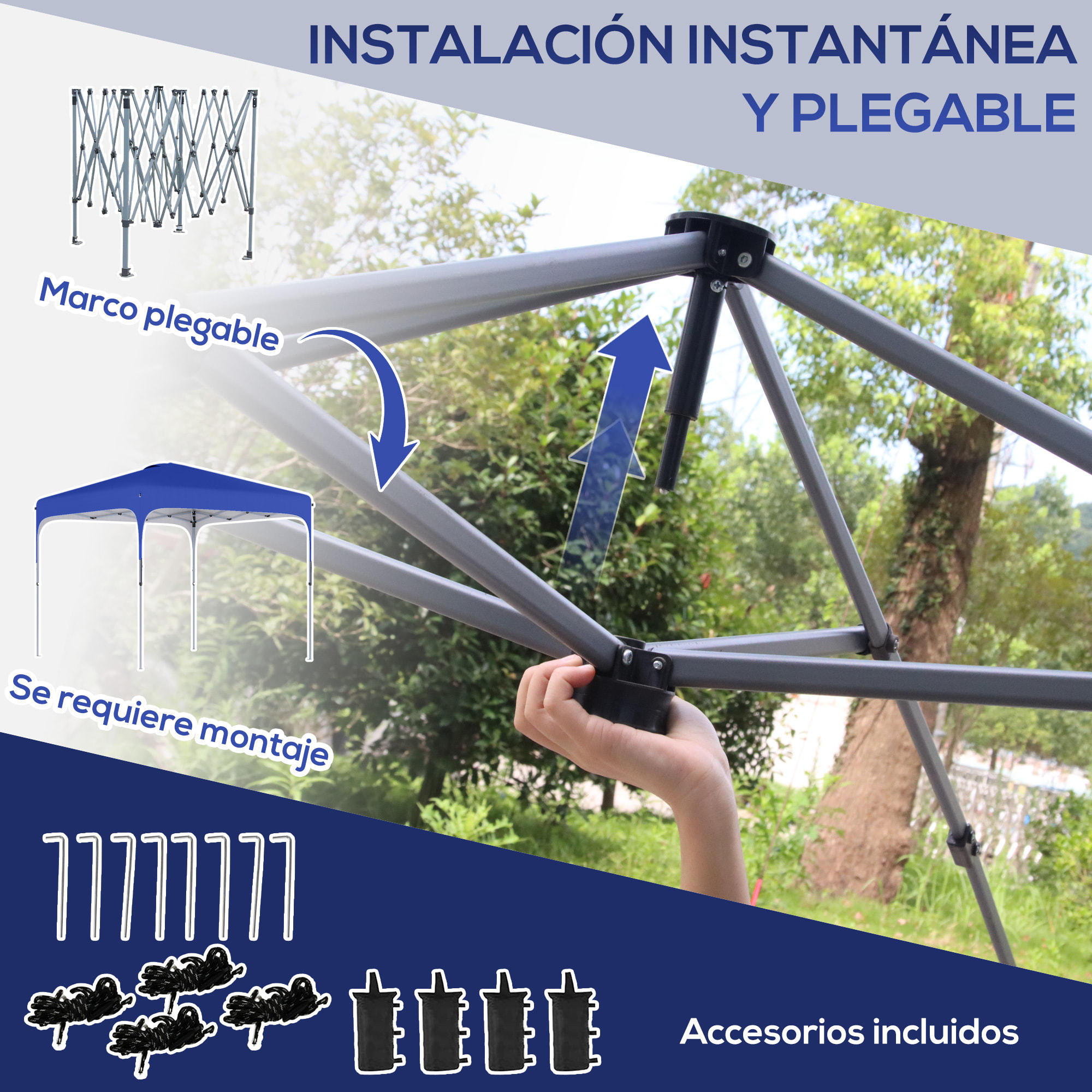 Cenador Plegable Jardín 2,5x2,5x2,68 m Protección UV 50+ Altura Ajustable Azul