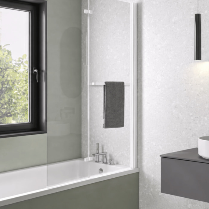 Pare bain relevable et pivotant 110x150cm KINEDO Columba 2 réversible à 2 volets avec porte serviette blanc