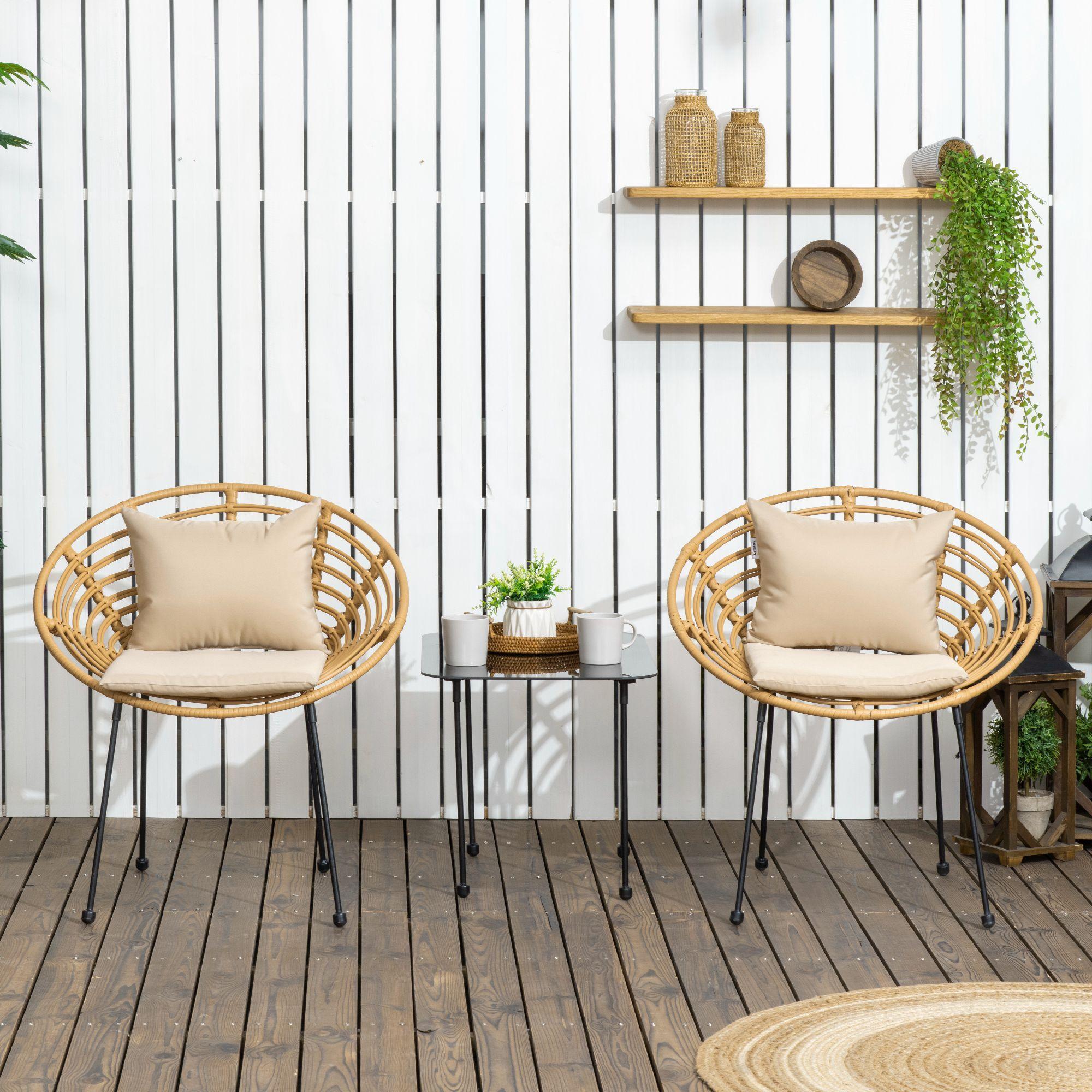 Lot de 2 chaises de jardin style colonial coussins beige inclus résine tressée et filaire aspect rotin