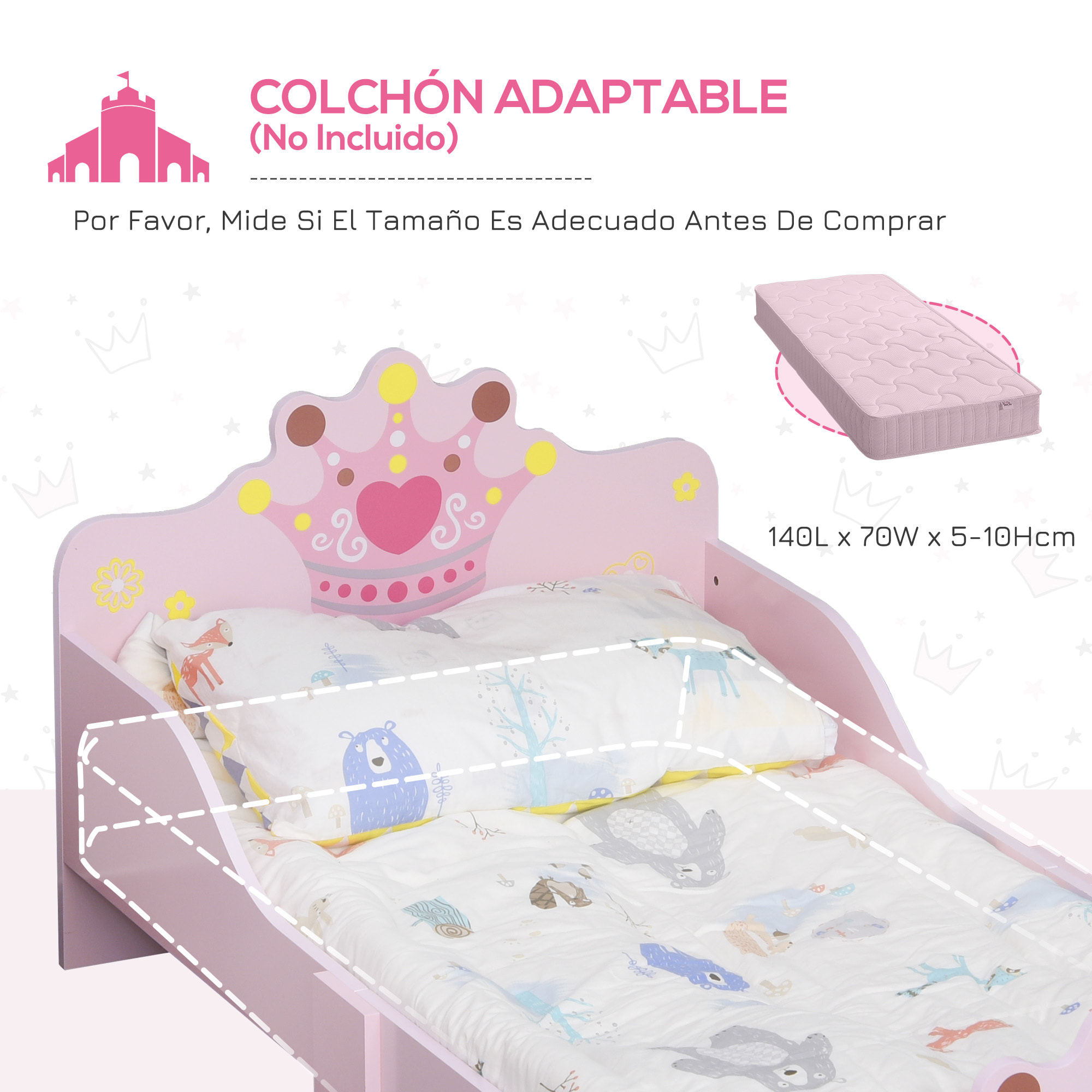 Cama para Niños de +3 Años 143x73x60 cm Cama Infantil de Madera con Estampado de Corona Carga 50 kg para Dormitorio Rosa