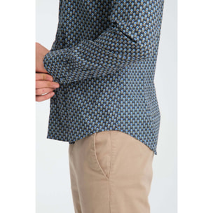 Camicia Uomo 2 Bottoni Button Down 7bottoni Doppio Coll Popeline Stretch Stampato Blu e Ocra