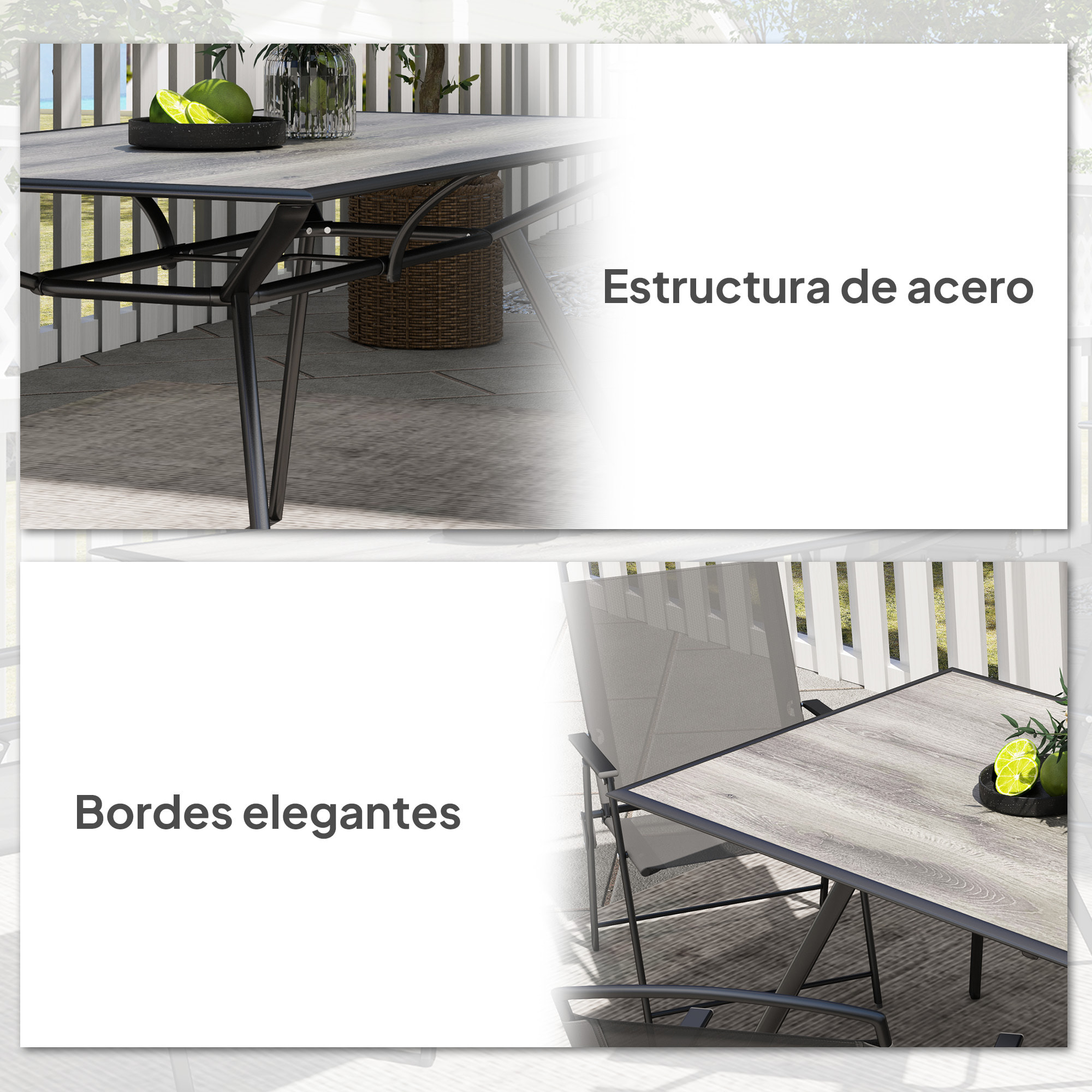 Mesa de Jardín Exterior Mesa de Comedor Exterior con Encimera Imitación Madera y Estructura de Acero Carga 70 kg Mesa Rectangular para 6 Personas para Patio Terraza Gris