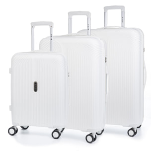 Set di 3 valigie trolley in PP resistente alla rottura. Lucchetto numerico TSA, 4 doppie ruote girevoli a 360°.