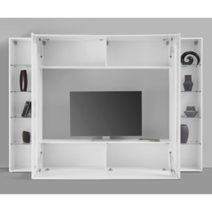 Parete attrezzata da soggiorno, Made in Italy, Base porta TV e pensili e scaffali, Set salotto moderno, cm 260x30h180, colore Bianco lucido, con luce LED blu e due vetrine