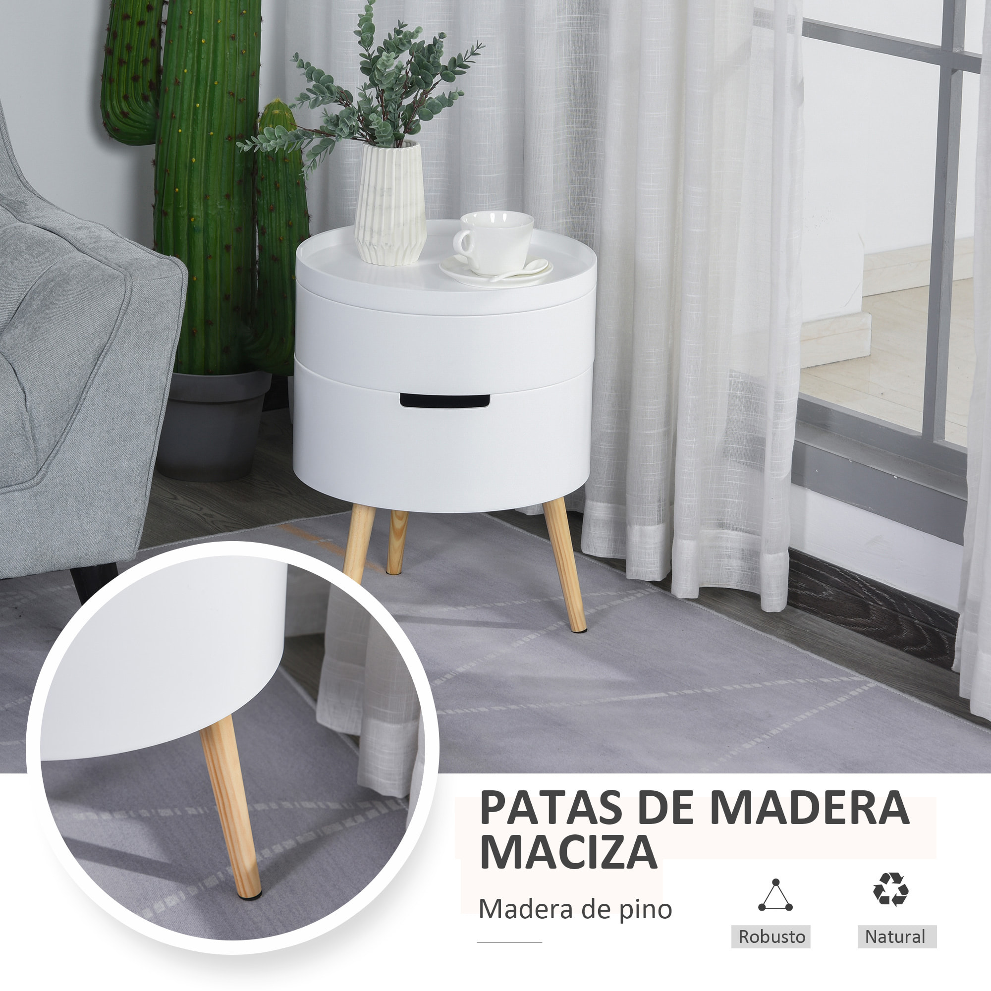 Mesa Auxiliar de Salón Moderna Mesita de Noche con Tapa Extraíble 2 Espacios de Almacenamiento y Patas de Madera para Dormitorio Sofá Esquina Ø38x48,3 cm