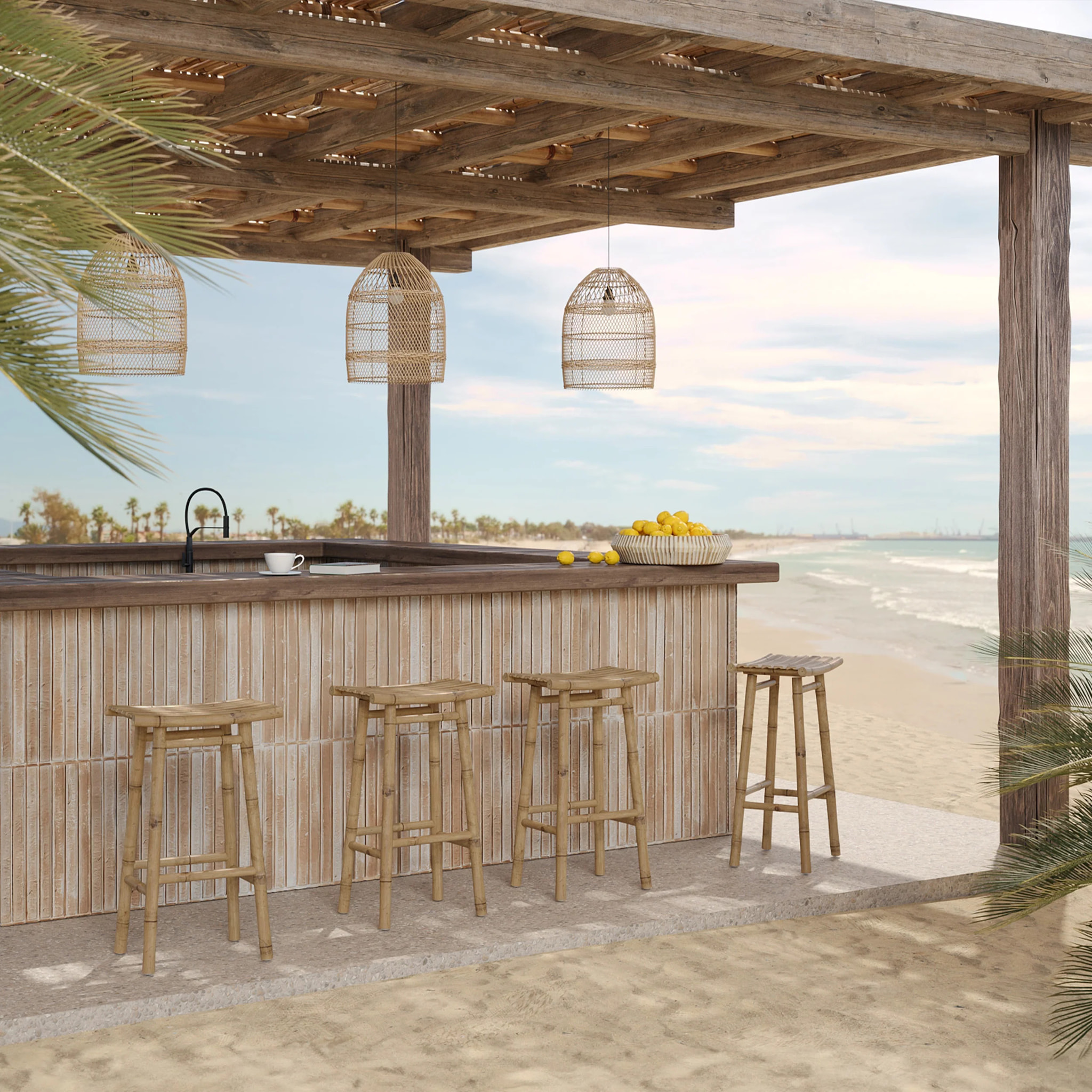 Tabouret de bar extérieur en bambou 74 cm - Vadella