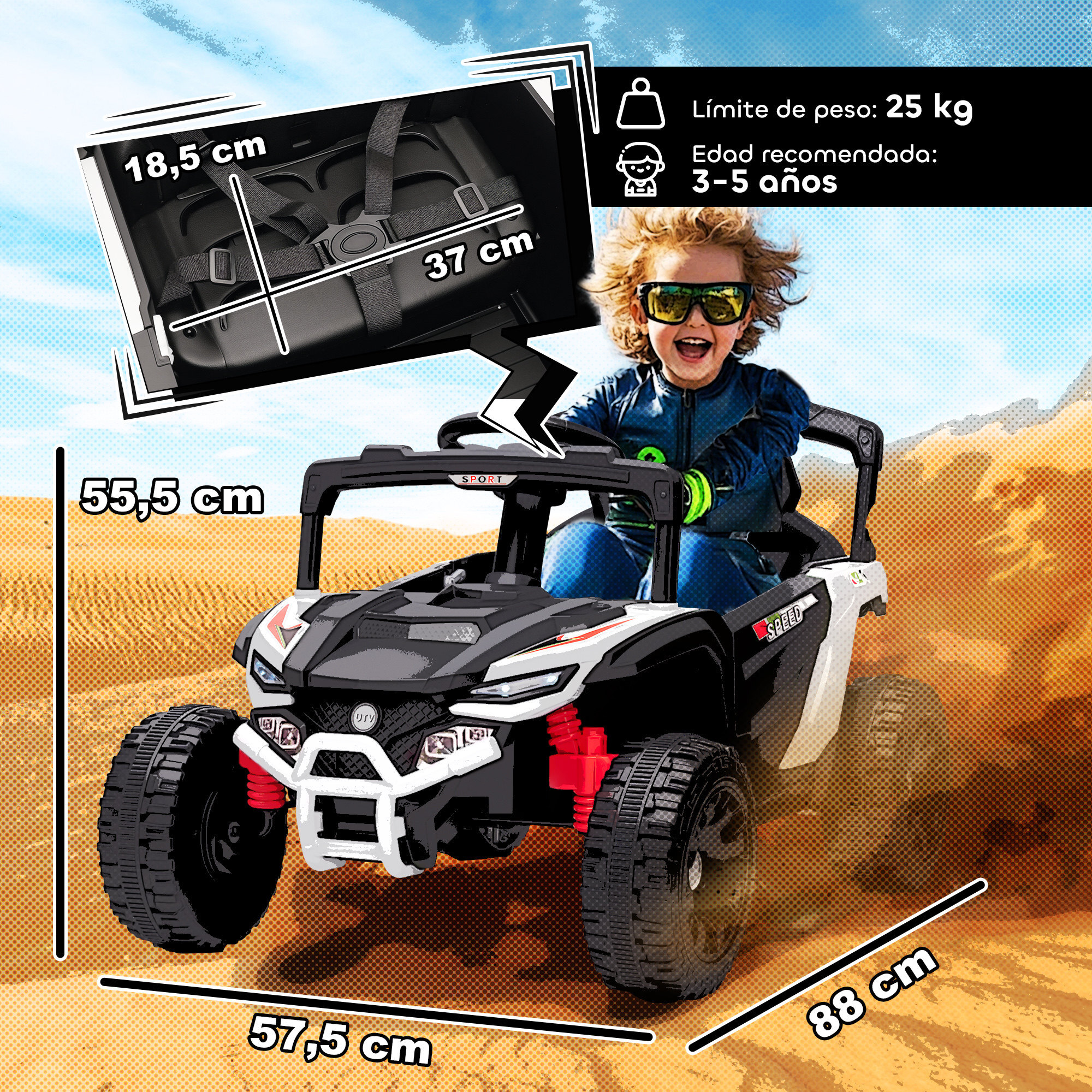 Coche Eléctrico para Niños 12V, Coche de Batería UTV con 2 Motores, Control Remoto 2,4G, Suspensión Trasera, Faros, Música, para Niños de +3 Años, Blanco