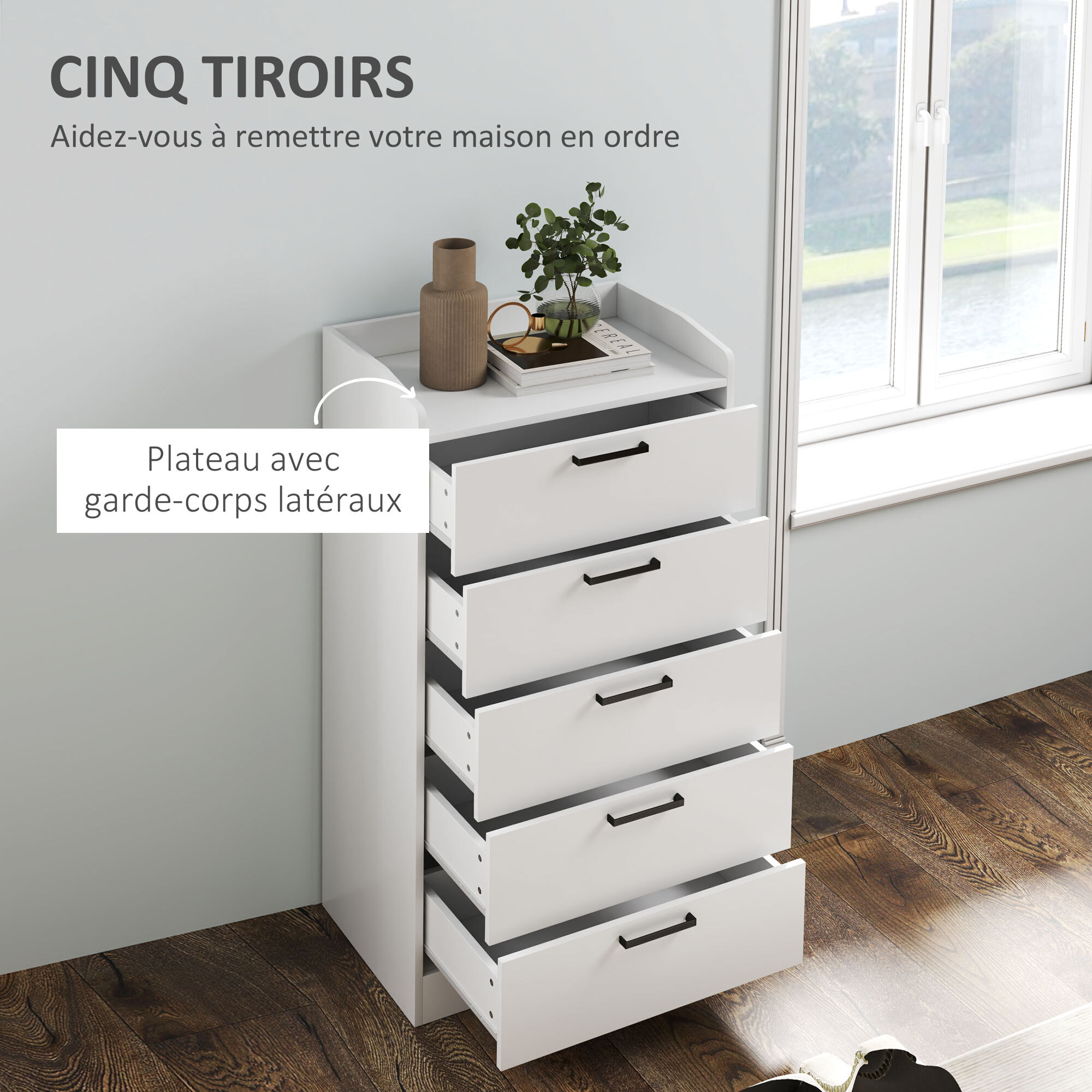 Commode 5 tiroirs et plateau - meuble de rangement bureau - poignées métal noir MDF blanc
