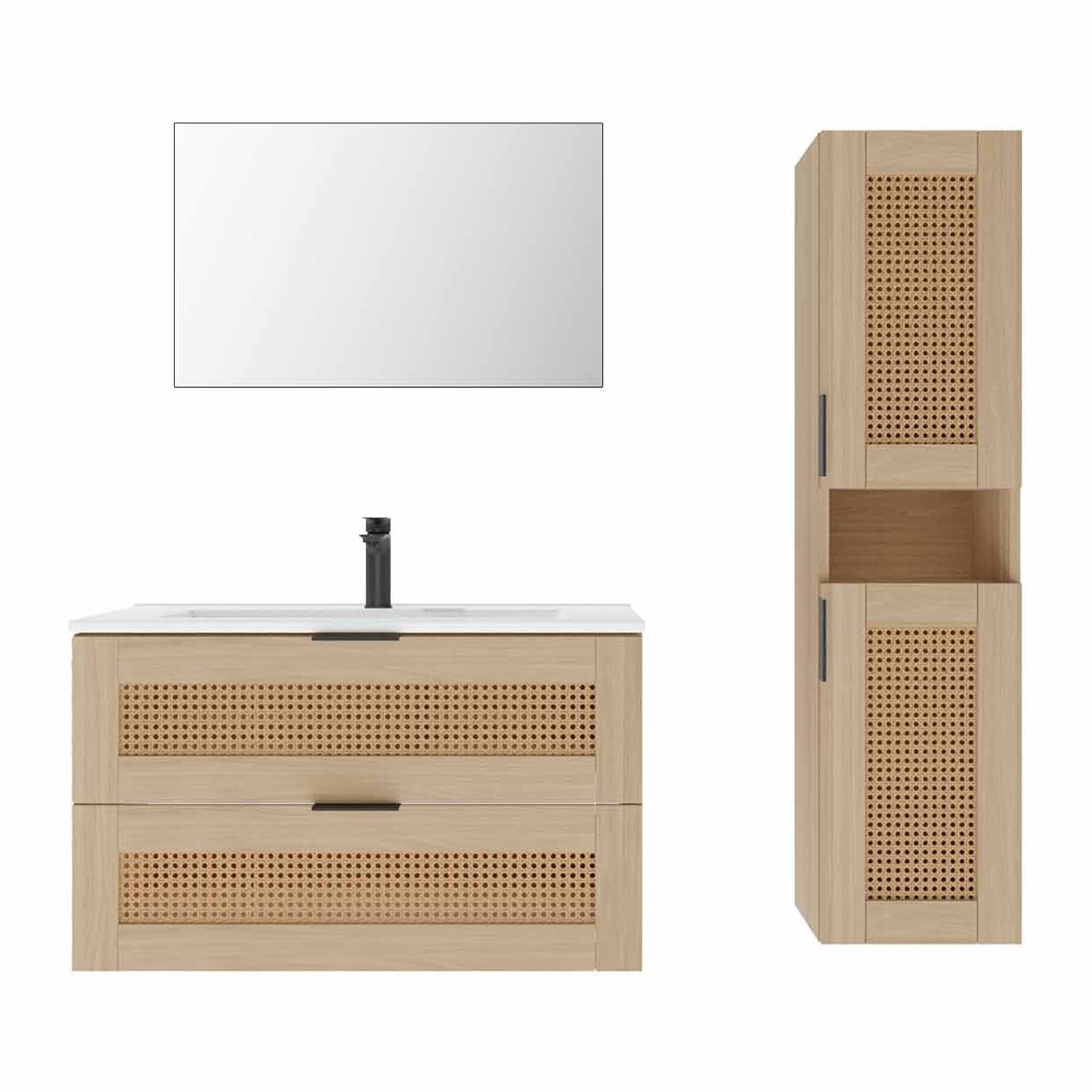 Ensemble Meuble de Salle de Bains 80 cm et Colonne - Decor Bois et Cannage - APOLLINE