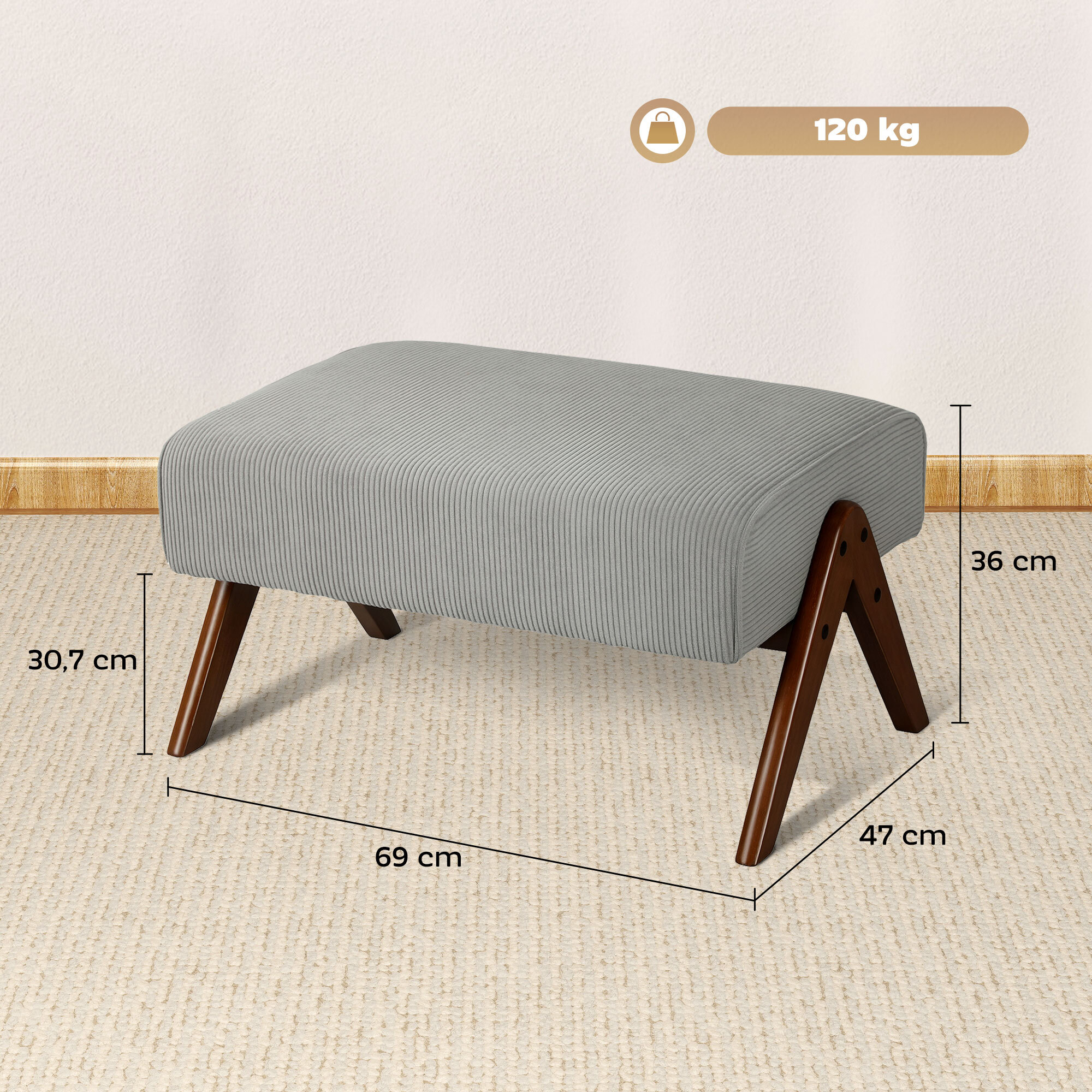 Reposapiés de Salón Taburete Bajo Tapizado en Pana Otomana Rectangular con Asiento Acolchado y Patas de Madera para Sala de Estar Dormitorio Gris Claro