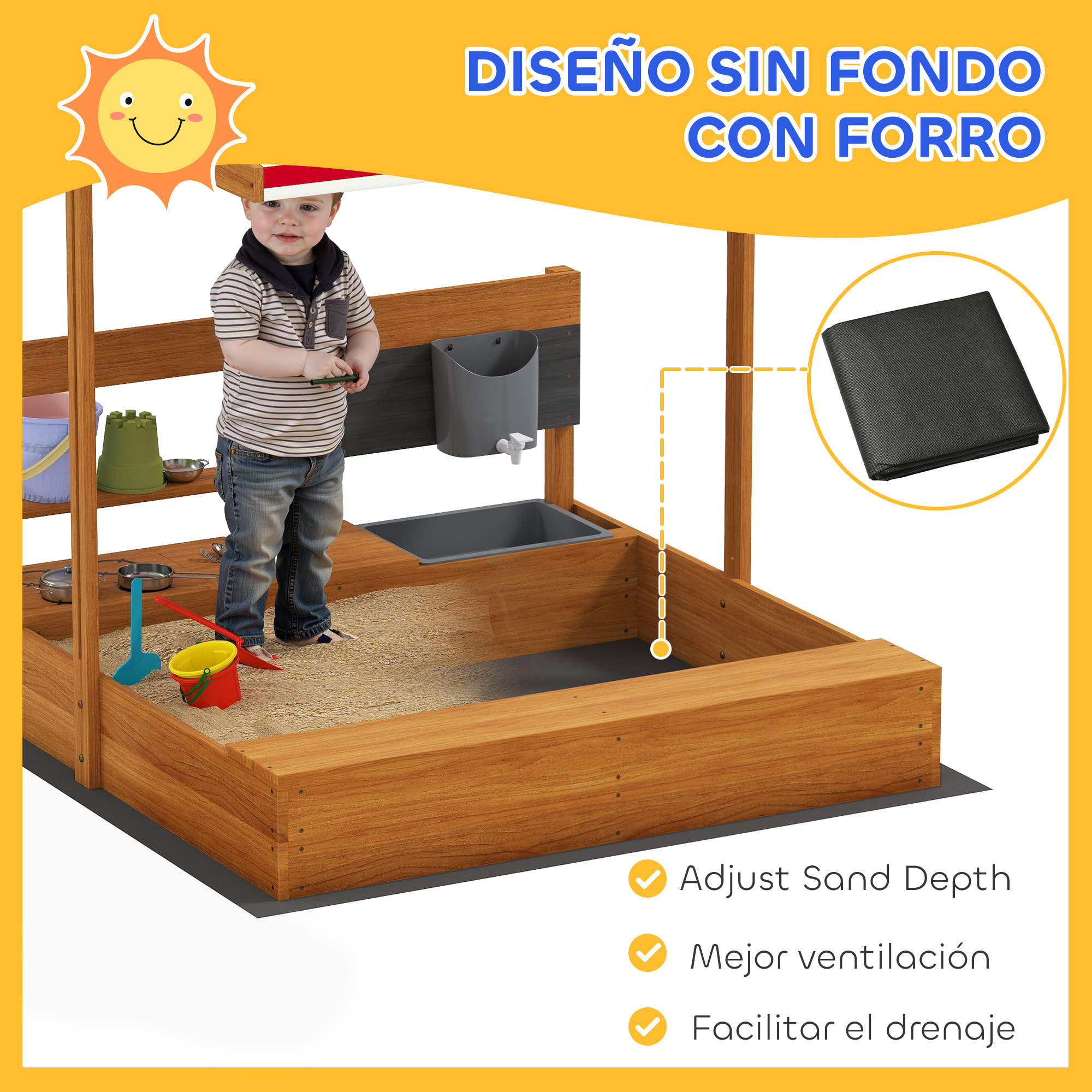 Arenero para Niños de Madera con Techo Ajustable, Arenero Infantil con Juguetes de Cocina, Estante y 2 Asientos, Juego para Niños de 3-7 Años, para Patio, Jardín, 114x110x110 cm, Marrón