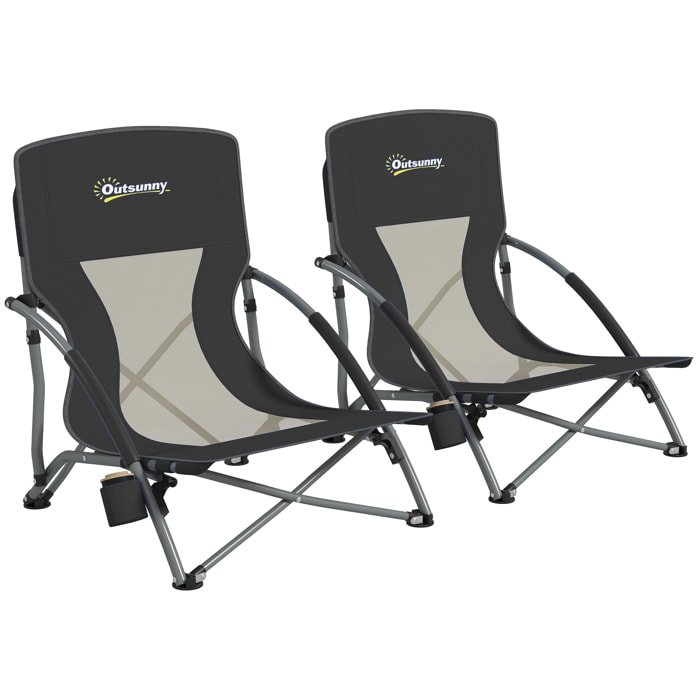 Pack de 2 Sillas de Playa Plegables Ligeras Sillas de Camping Portátiles Bajas con Respaldo de Malla Tela Oxford 600D Portavasos Reposabrazos Bolsa para Acampada Carga 120 kg Negro