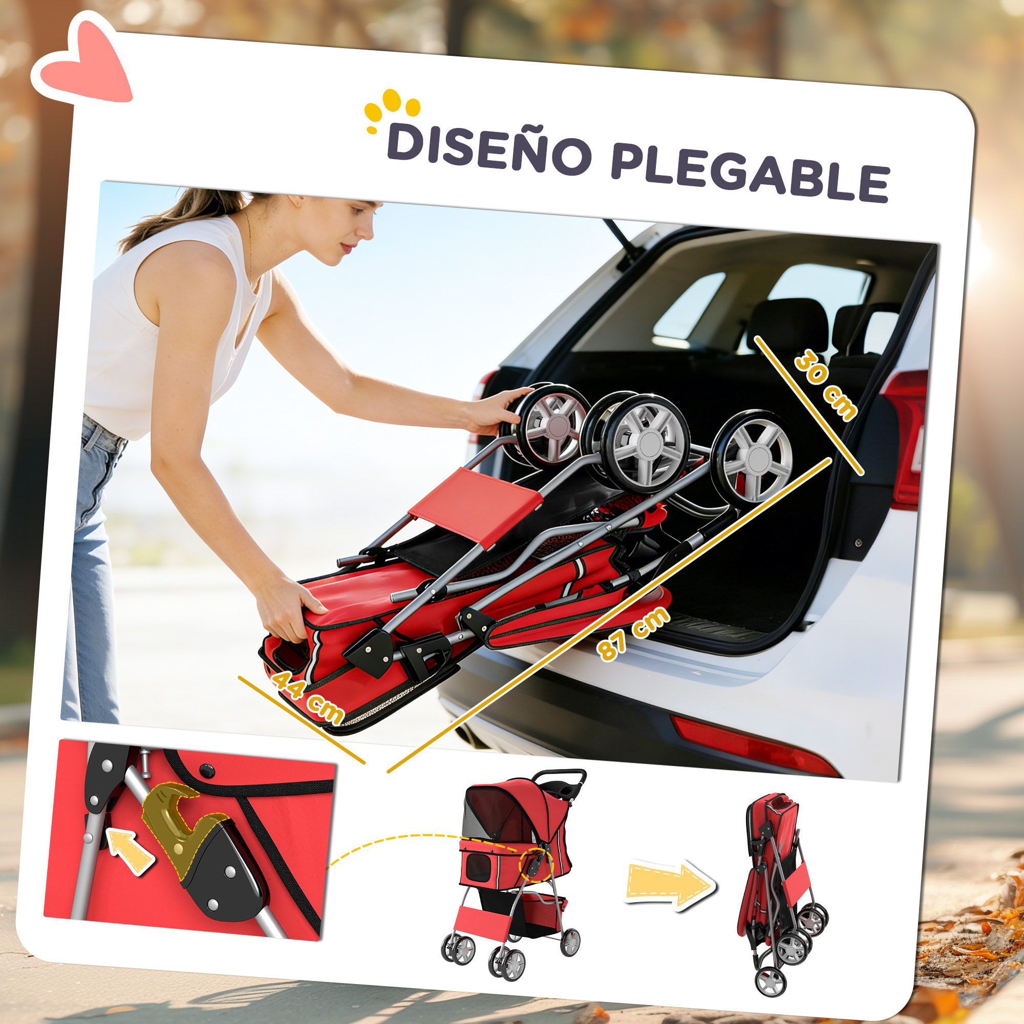 Carrito para Perros Plegable, Cochecito para Perros Pequeños con Cesta de Almacenaje, Ventanas de Malla, Portavasos, Ruedas de EVA, Cojín Lavable, Frenos, Carga 10 kg, 77x44x102 cm, Rojo