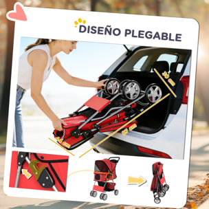 Carrito para Perros Plegable, Cochecito para Perros Pequeños con Cesta de Almacenaje, Ventanas de Malla, Portavasos, Ruedas de EVA, Cojín Lavable, Frenos, Carga 10 kg, 77x44x102 cm, Rojo