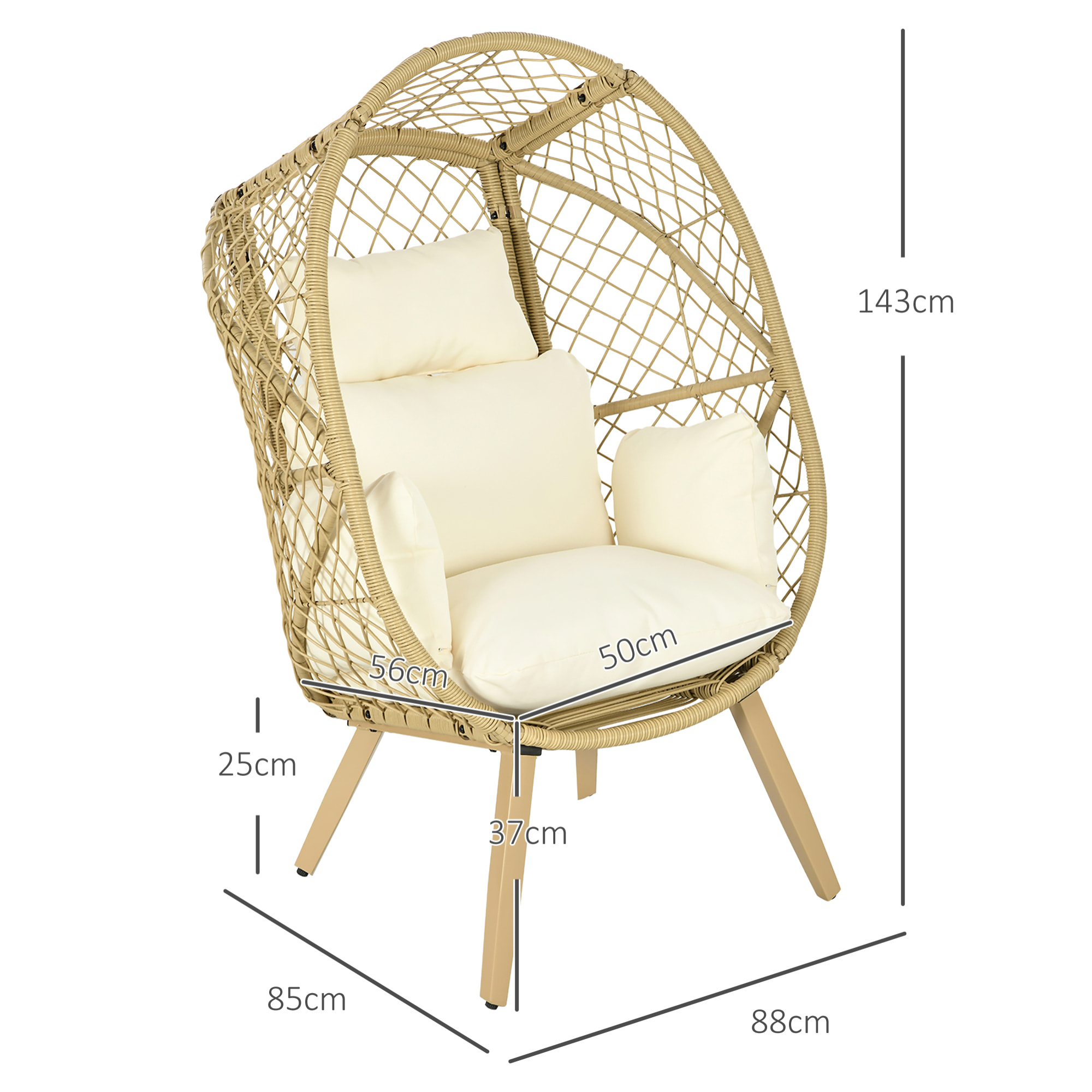 Sillón de Ratán Sintético Silla de Terraza en Forma de Huevo con Reposacabezas Acolchado y Cojín Carga 160 kg para Jardín Balcón 88x85x143 cm Natural y Crema