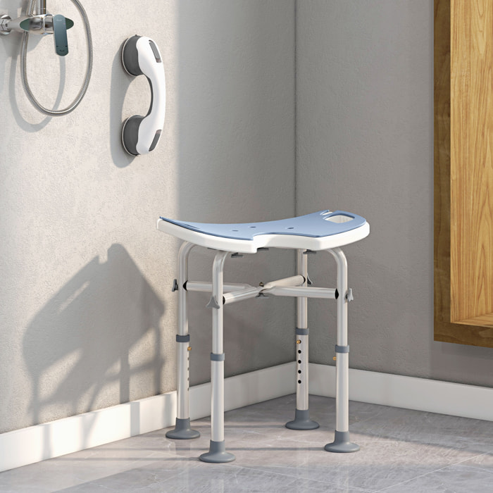 Tabouret de douche - siège de douche avec barre d'appui ventouse - hauteur réglable - alu HDPE bleu clair blanc
