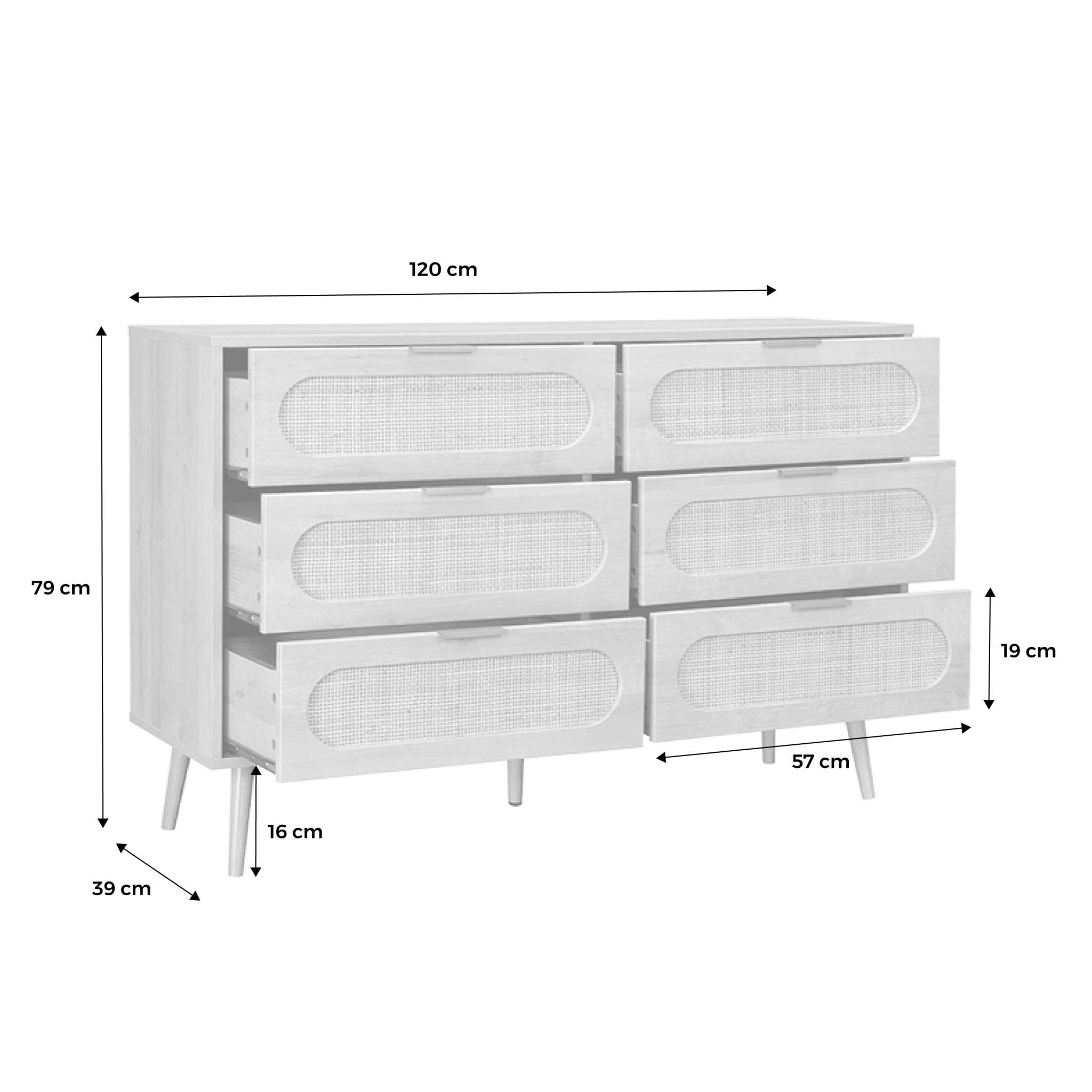Commode. Eva. 6 tiroirs. décor bois. cannage arrondi L 120 x l 39 x H 79cm