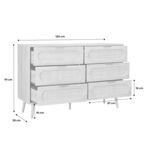 Commode. Eva. 6 tiroirs. décor bois. cannage arrondi L 120 x l 39 x H 79cm
