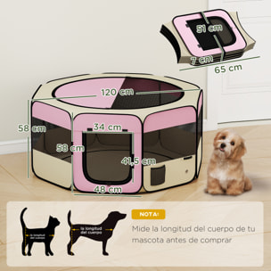Parque Plegable para Perros y Gatos, Corralito Portátil para Animales Pequeños Impermeable de Tela Oxford con 2 Puertas, para Exterior e Interior, Ø120x58 cm, Rosa