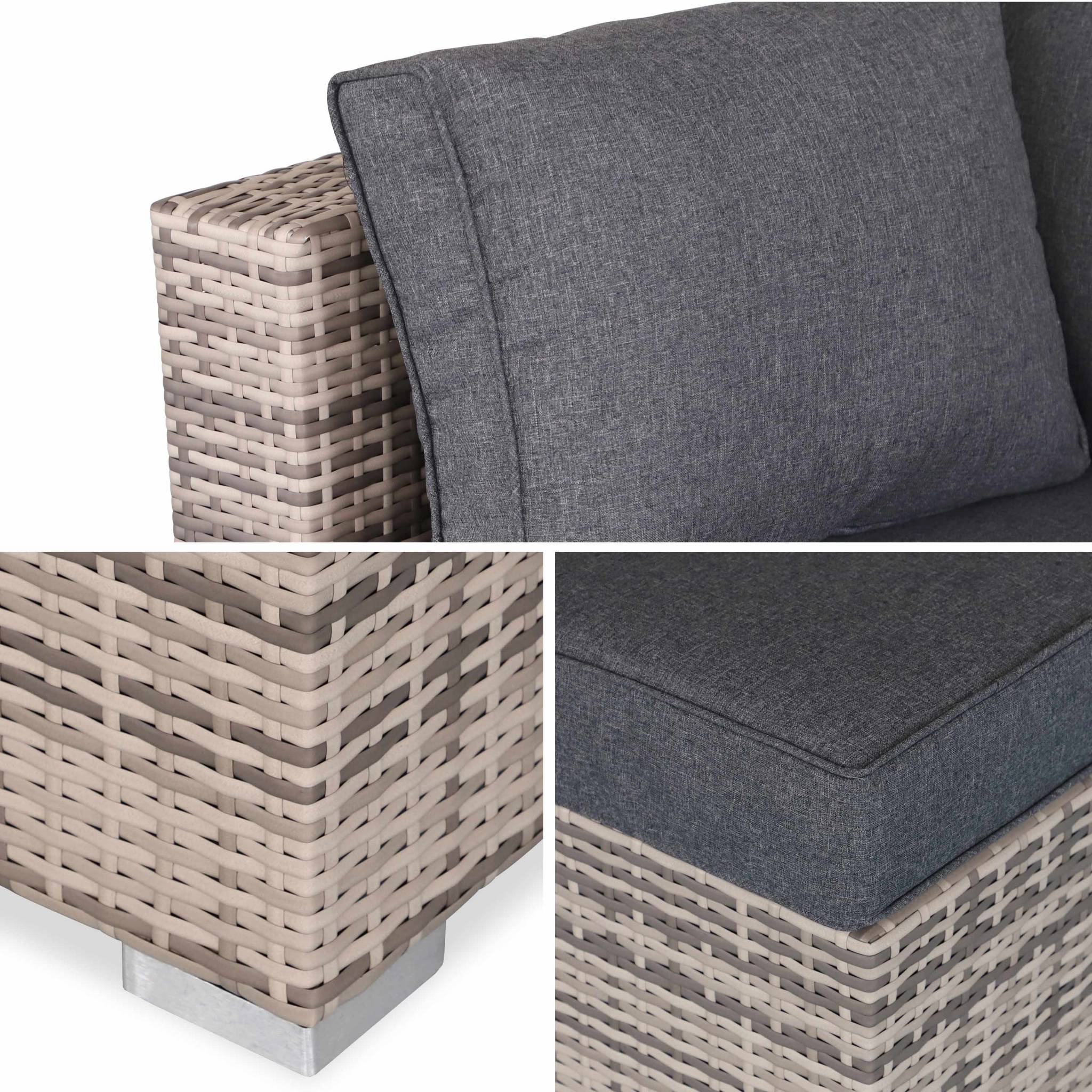 Salon de jardin en résine tressée Nuances de gris. Coussins Gris - 5 places - 1 pouf. 4 fauteuils une table basse