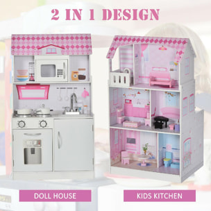 Cuisine bois jeu d'imitation - maison de poupée cuisine enfant 2 en 1 - nombreux accessoires & rangements inclus - MDF pin rose blanc