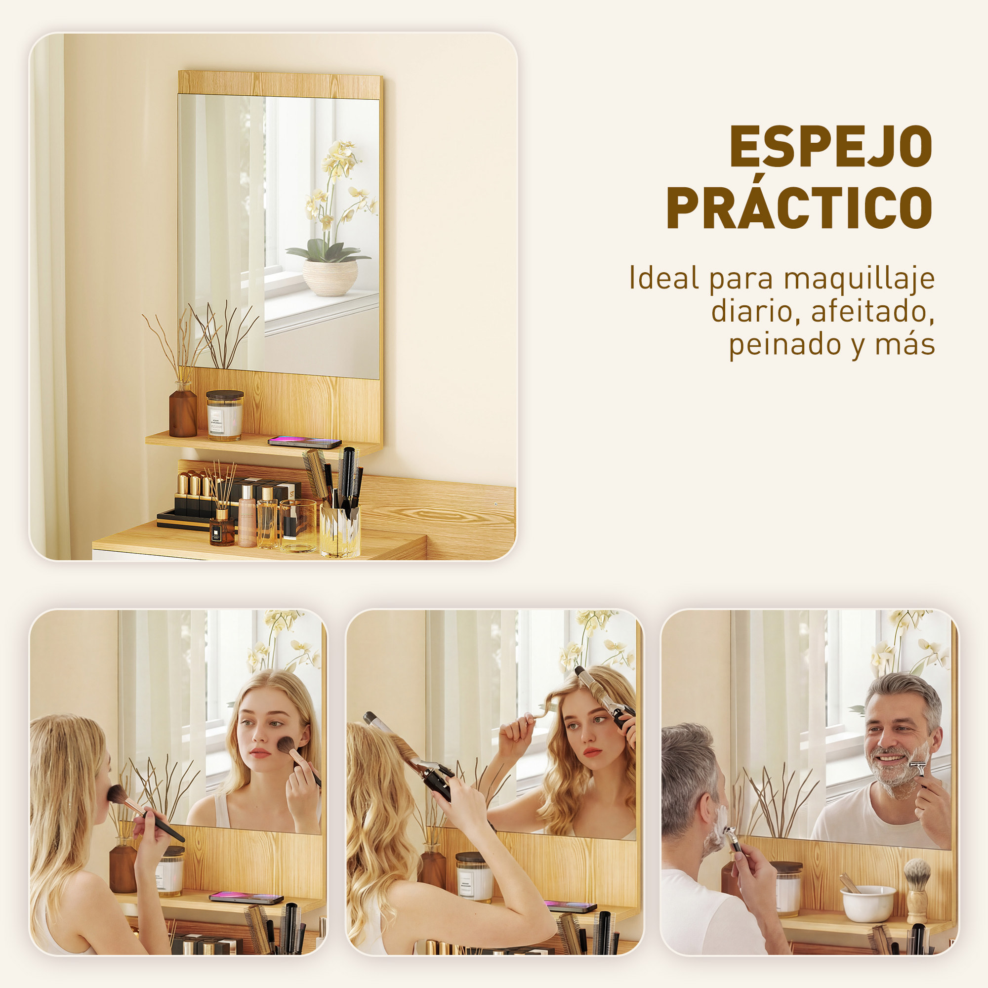 Conjunto de Recibidor de Entrada de Pared con Espejo, Cajón y 2 Estantes Abiertos, Muebles Recibidor para Pasillo, Madera Natural