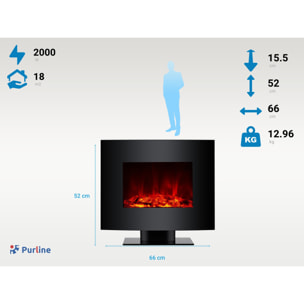 Cheminée électrique 2kW verre trempé noir avec télécommande