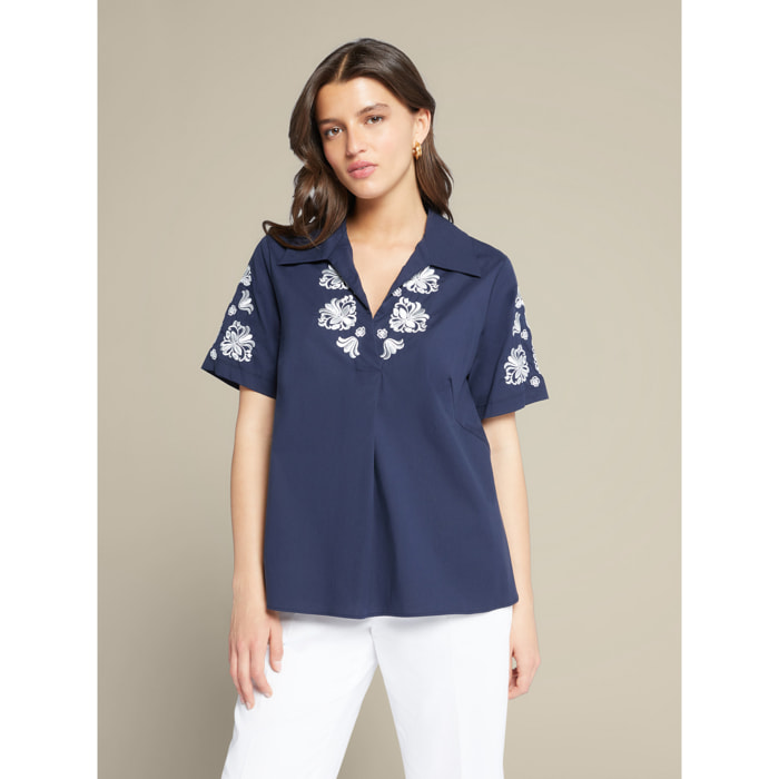 Elena Mirò - Blusa de popelina con bordado - Azul