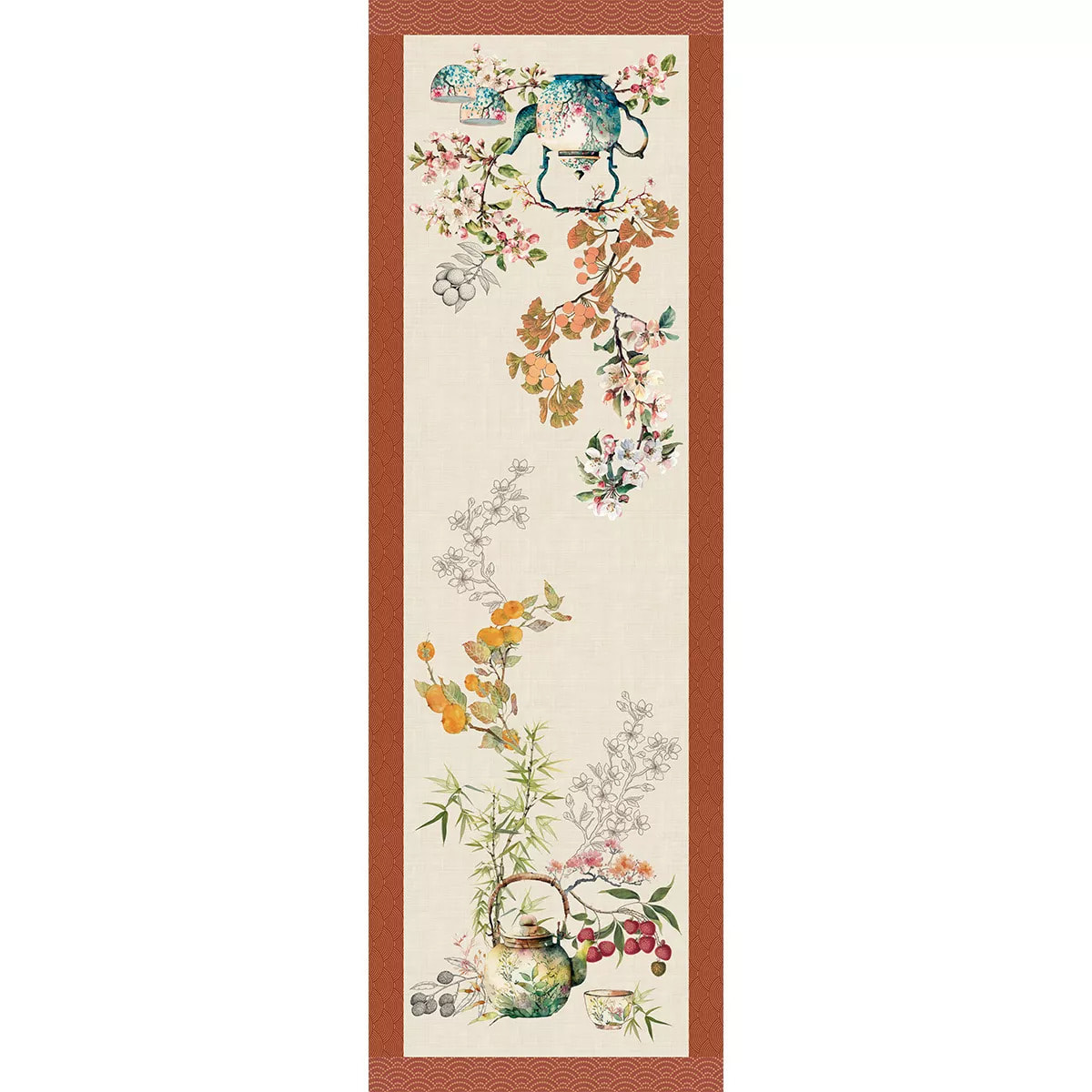 Chemin de table lin & coton lavé 190 g/m² imprimé vert orange Theieres rouille