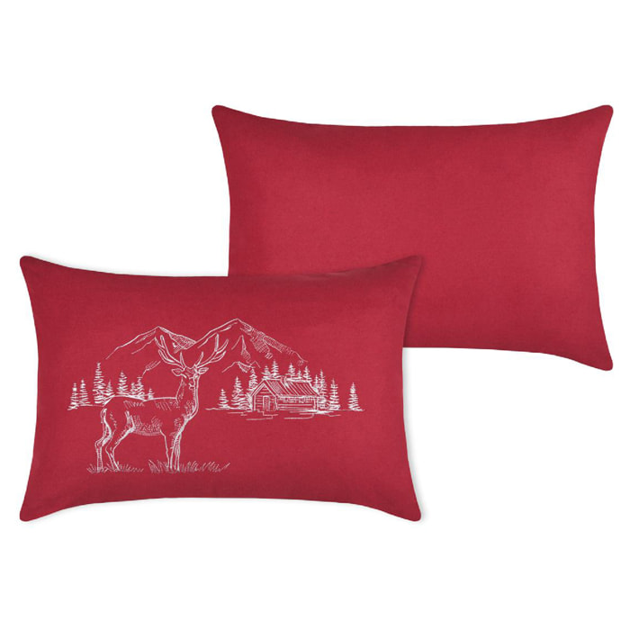 Coussin rectangulaire cerf esprit chalet brodé - Rouge