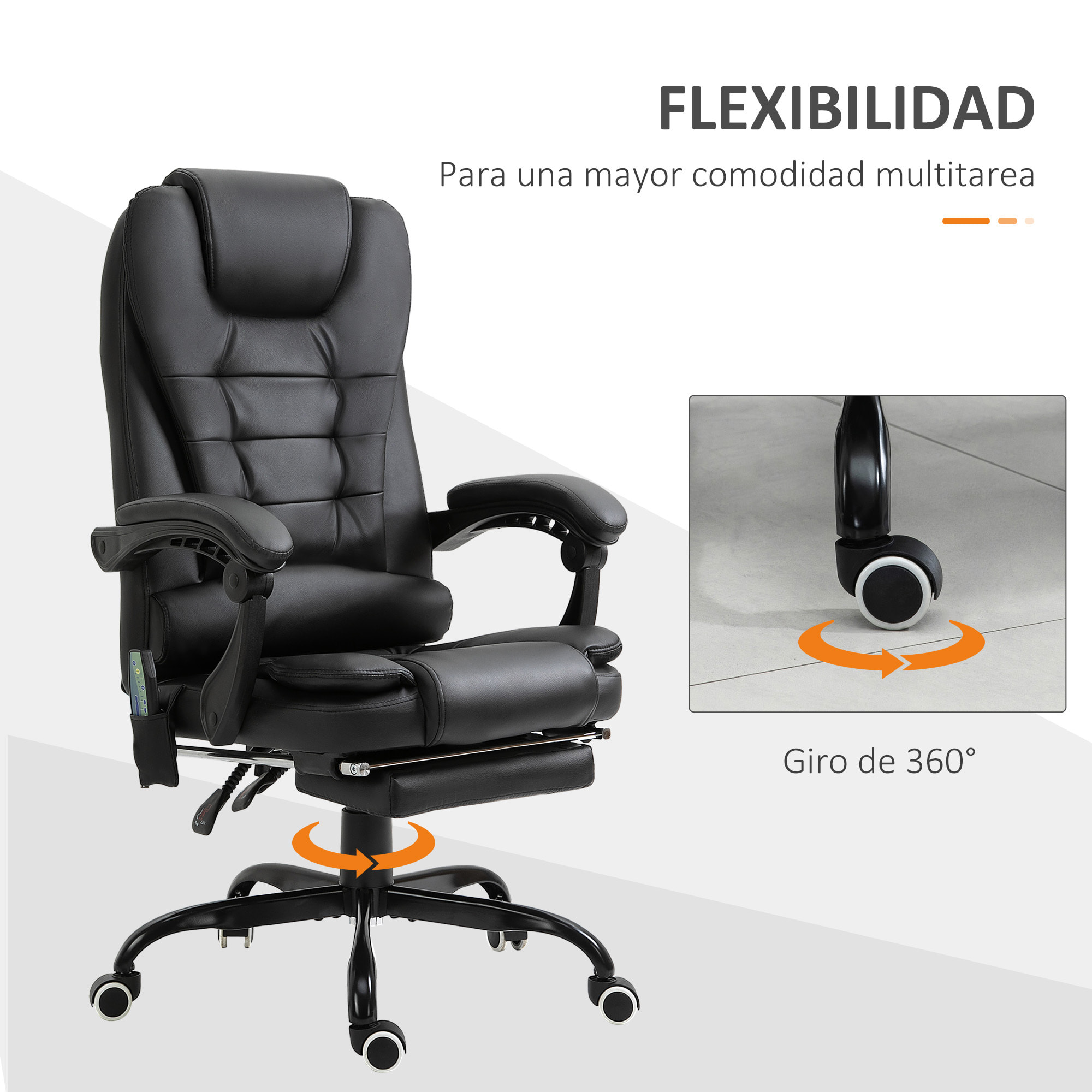 Silla de Oficina con 7 Puntos de Masaje Silla de Masaje Giratoria Silla de Escritorio con Reposapiés Retráctil Altura Ajustable Control Remoto y Tejido de PU Negro
