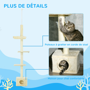 Arbre à chat hauteur réglable 230-260 cm - niche, 3 plateformes - douce peluche courte beige