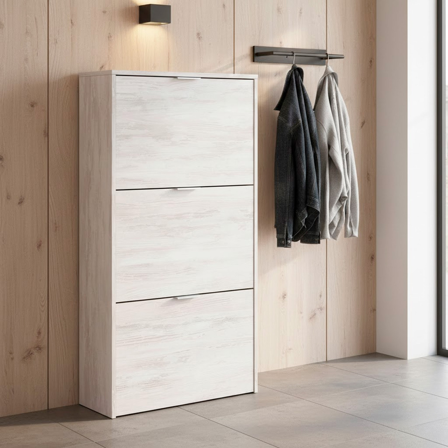 Scarpiera A Ribalta Salvaspazio 3 Ante E 6 Ripiani Mobile Portascarpe Fino A 20 Paia Di Scarpe Ingresso Corridoio 113 x 60 x 22 Cm Rovere Bianco